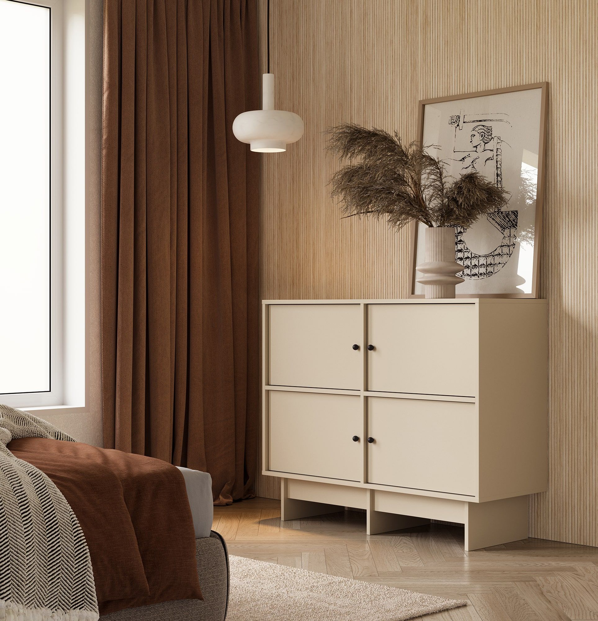 Commode KABE KK01 de style JAPONAIS
Couleur : Beige Champagne
Poignée : Poignée boule Noir KD
