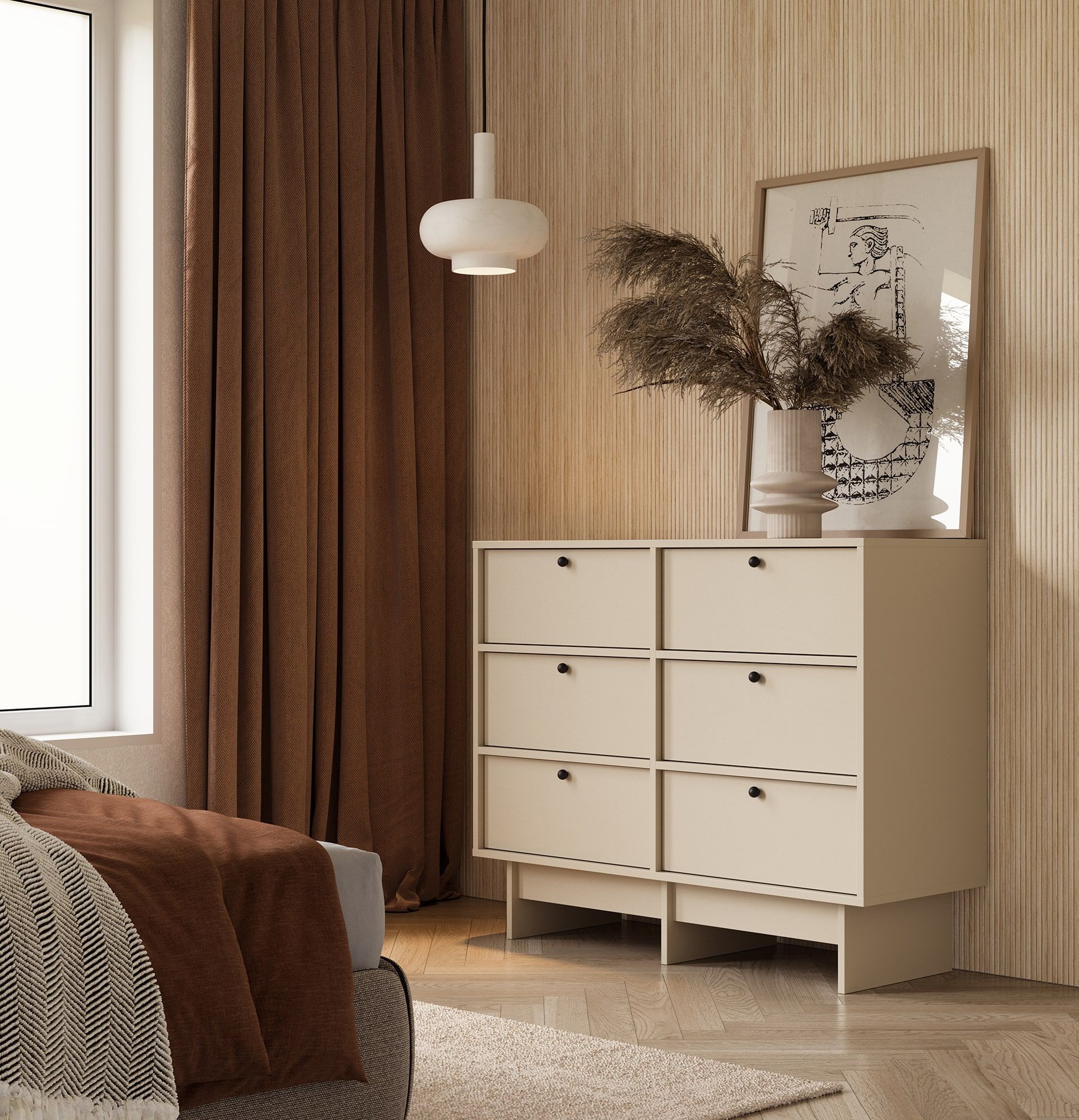 Commode KABE KK02 en style JAPANDI
Couleur : Beige Champagne
Poignée : Poignée boule Noir KD