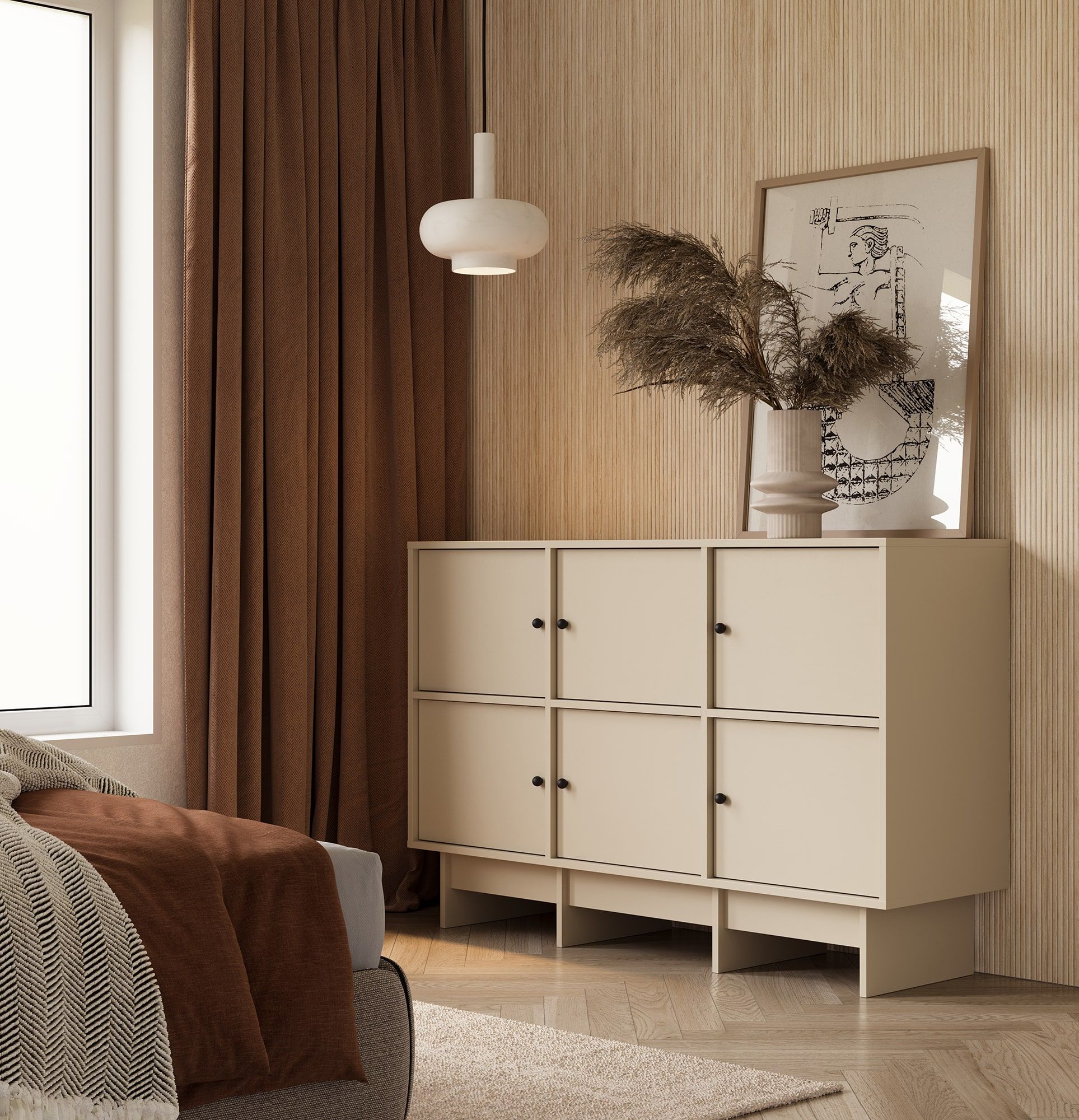 Commode KABE KK04 en style JAPANDI
Couleur : Beige Champagne
Poignée : Poignée boule Noir KD