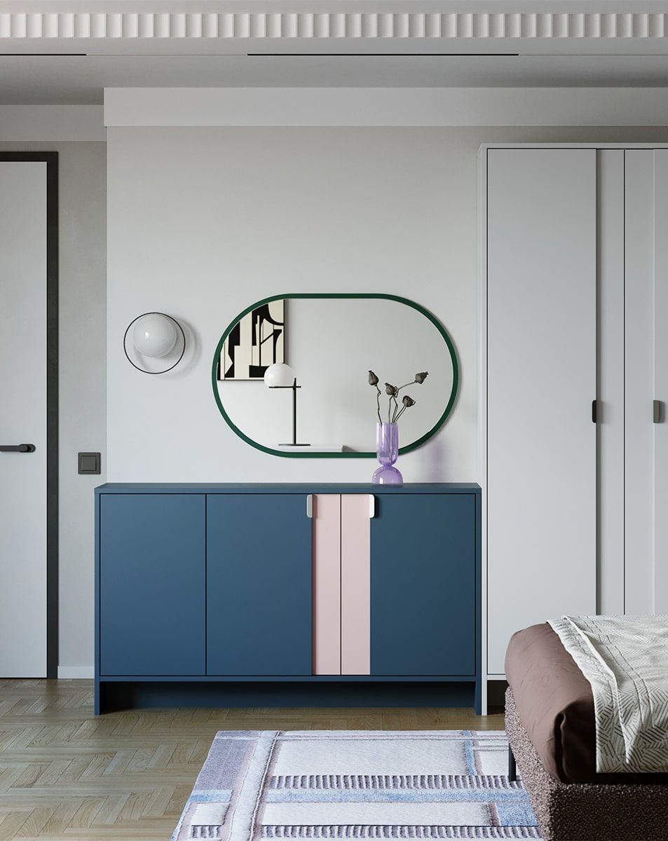 Commode LAYERS LAY09
Coloris : Bleu tyrolien
Couleur de la façade : Rose antique
Poignée : LAYERS 110 Porcelaine blanche