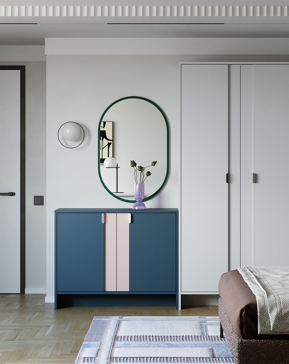 Commode LAYERS LAY10
Coloris : Bleu tyrolien
Couleur de la façade : Rose antique
Poignée : LAYERS 110 Porcelaine blanche