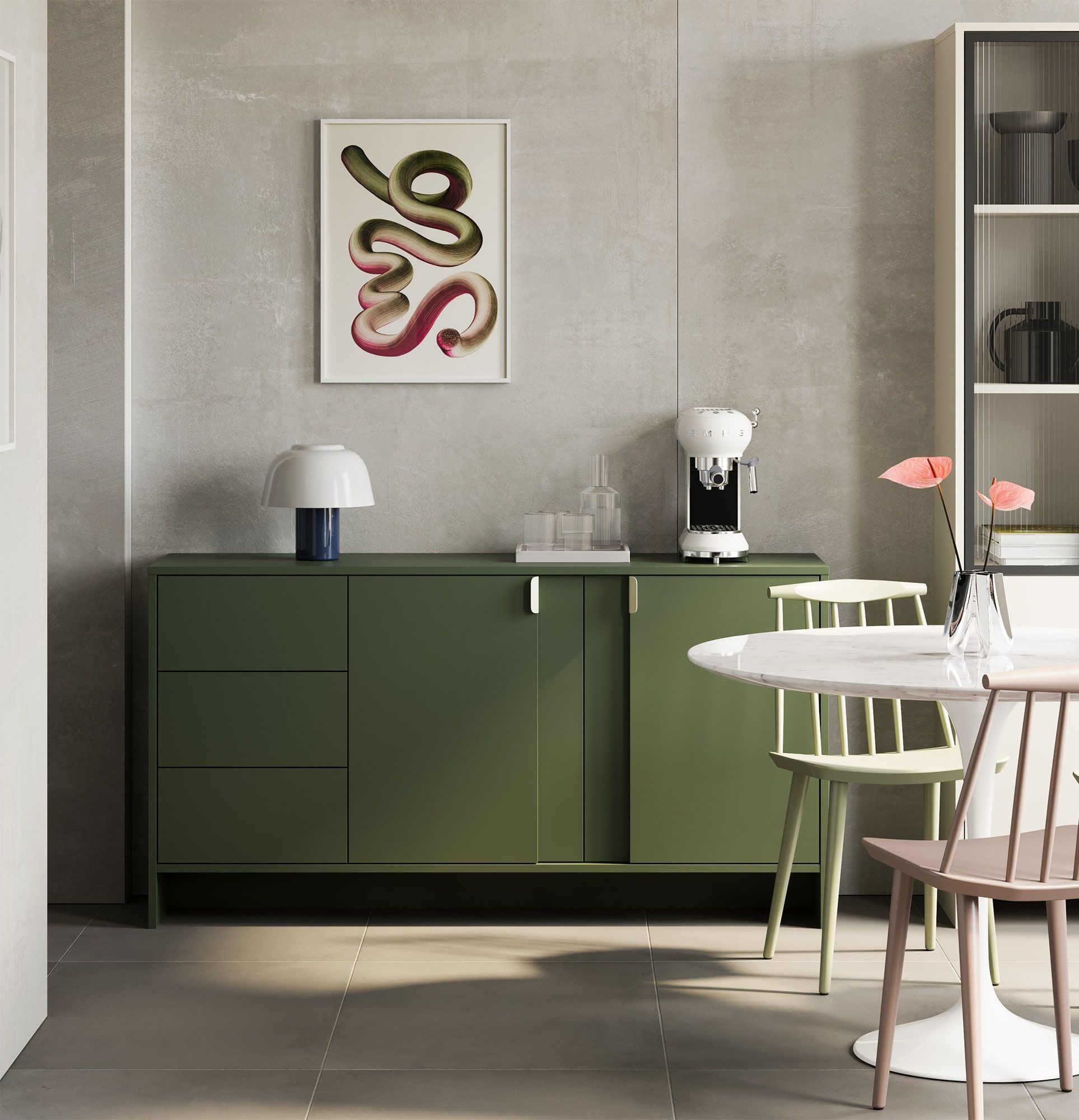 Commode LAYERS LAY13
Couleur : vert cyprès
Couleur de la façade du deuxième niveau : vert cyprès
Poignée : poignée LAYERS 110 Vert cyprès