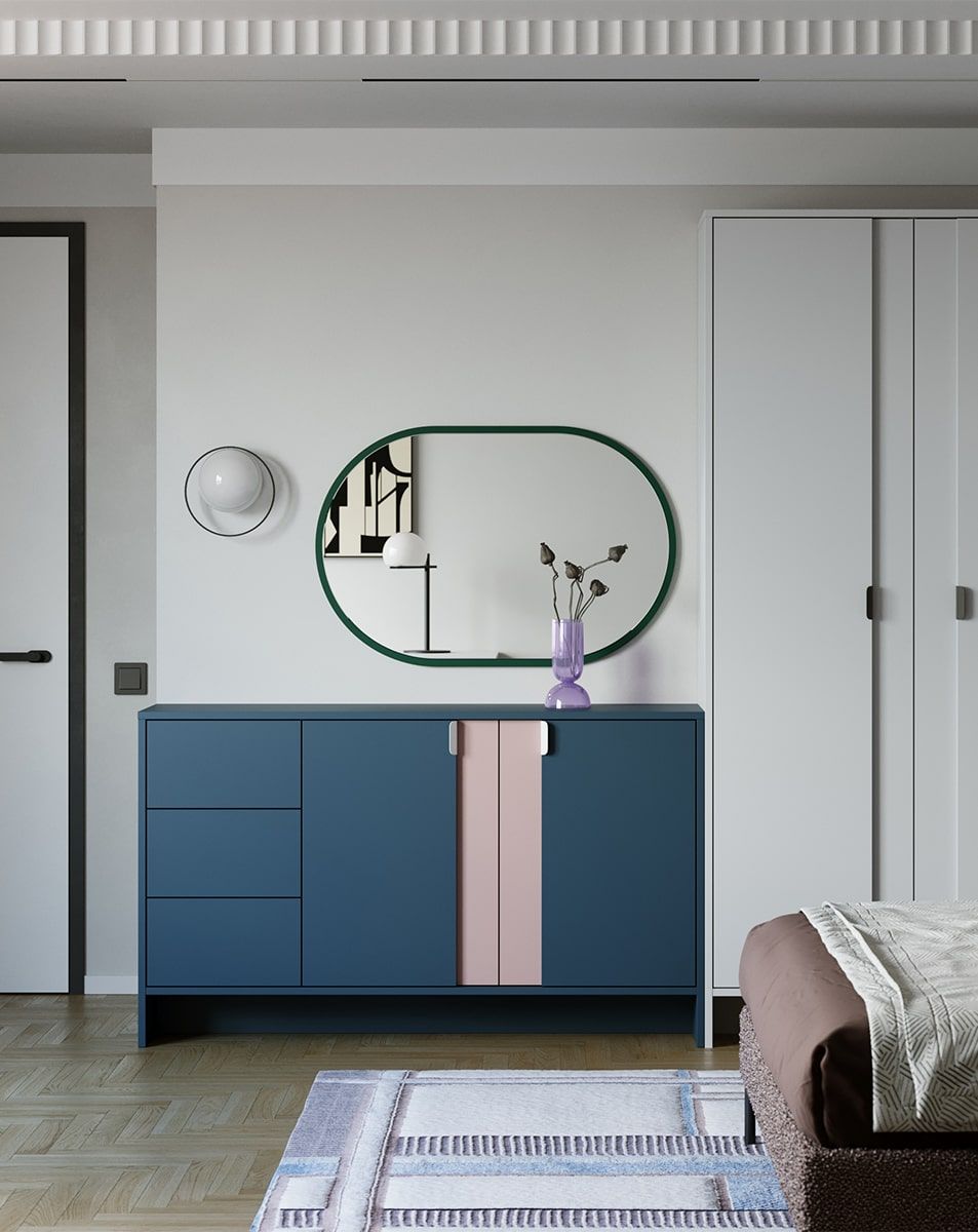 Commode LAYERS LAY13
Couleur : Bleu Tyrolien
Couleur de la façade : Rose antique
Poignée : LAYERS 110 Porcelaine blanche