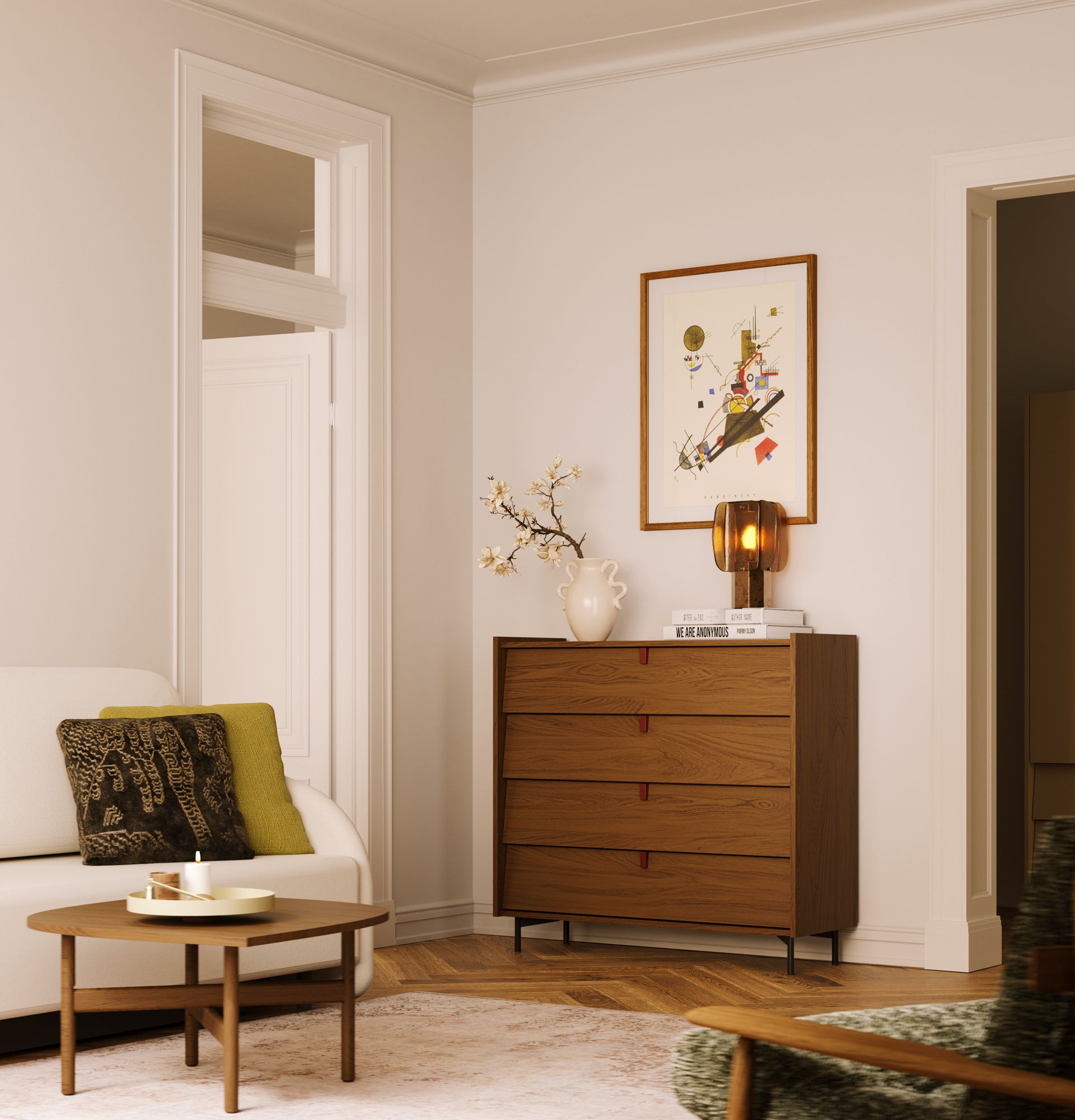 Commode SKRA SKR26
Couleur : Noyer Placage Chêne
Pied : Noir
Poignée : Bourgogne