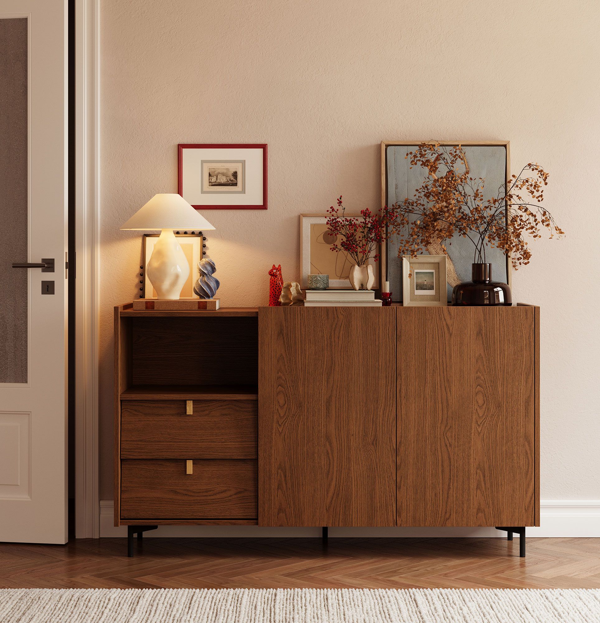 Commode SKRA SKR28
Couleur : Chêne rustique
Pied : Noir
Poignée : Cale en chêne
                            