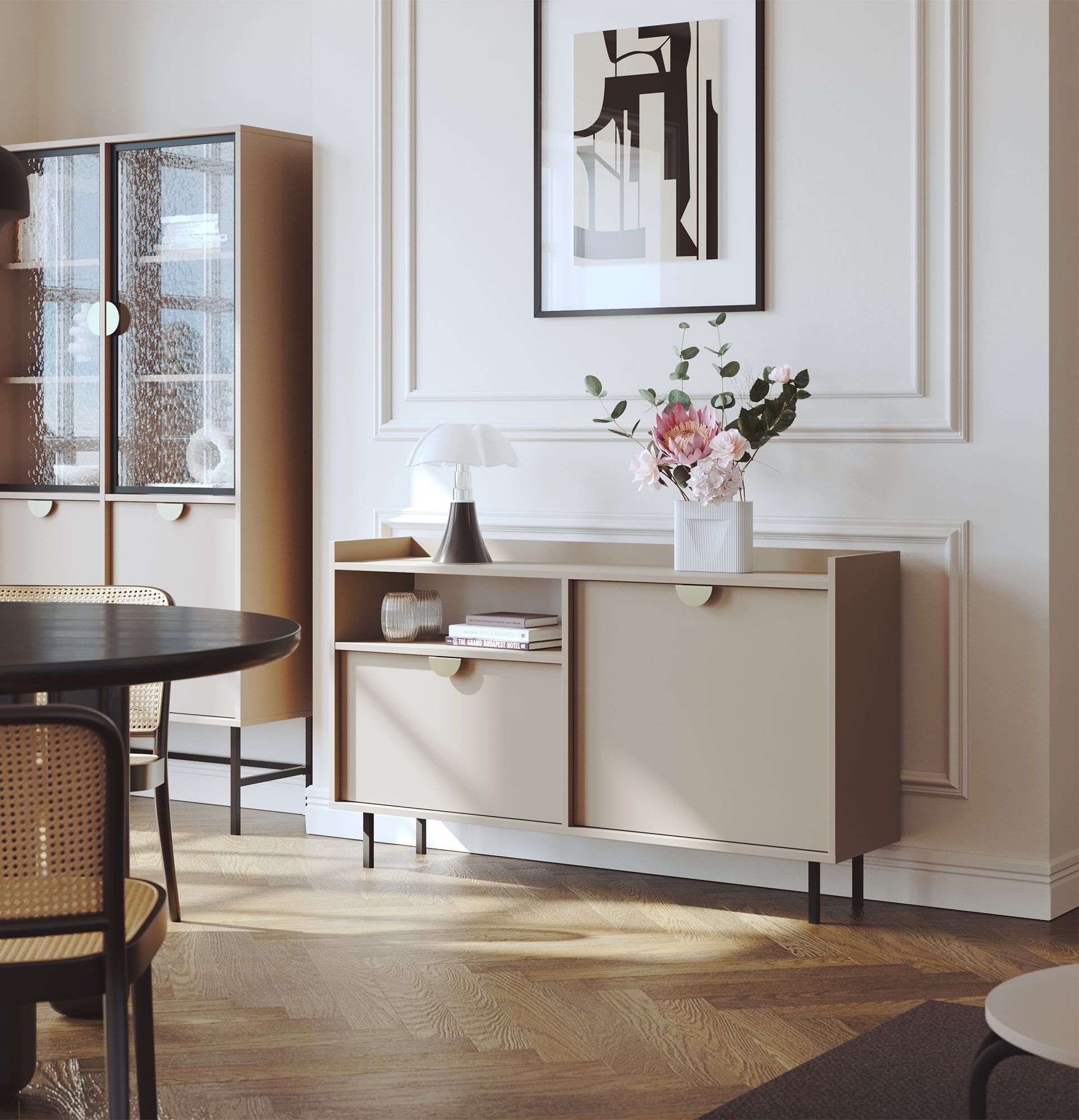 Armoire RTV SIGI KS2TV1
Couleur : Cappuccino
Pied : Noir
Poignée : Poignée RIND Or