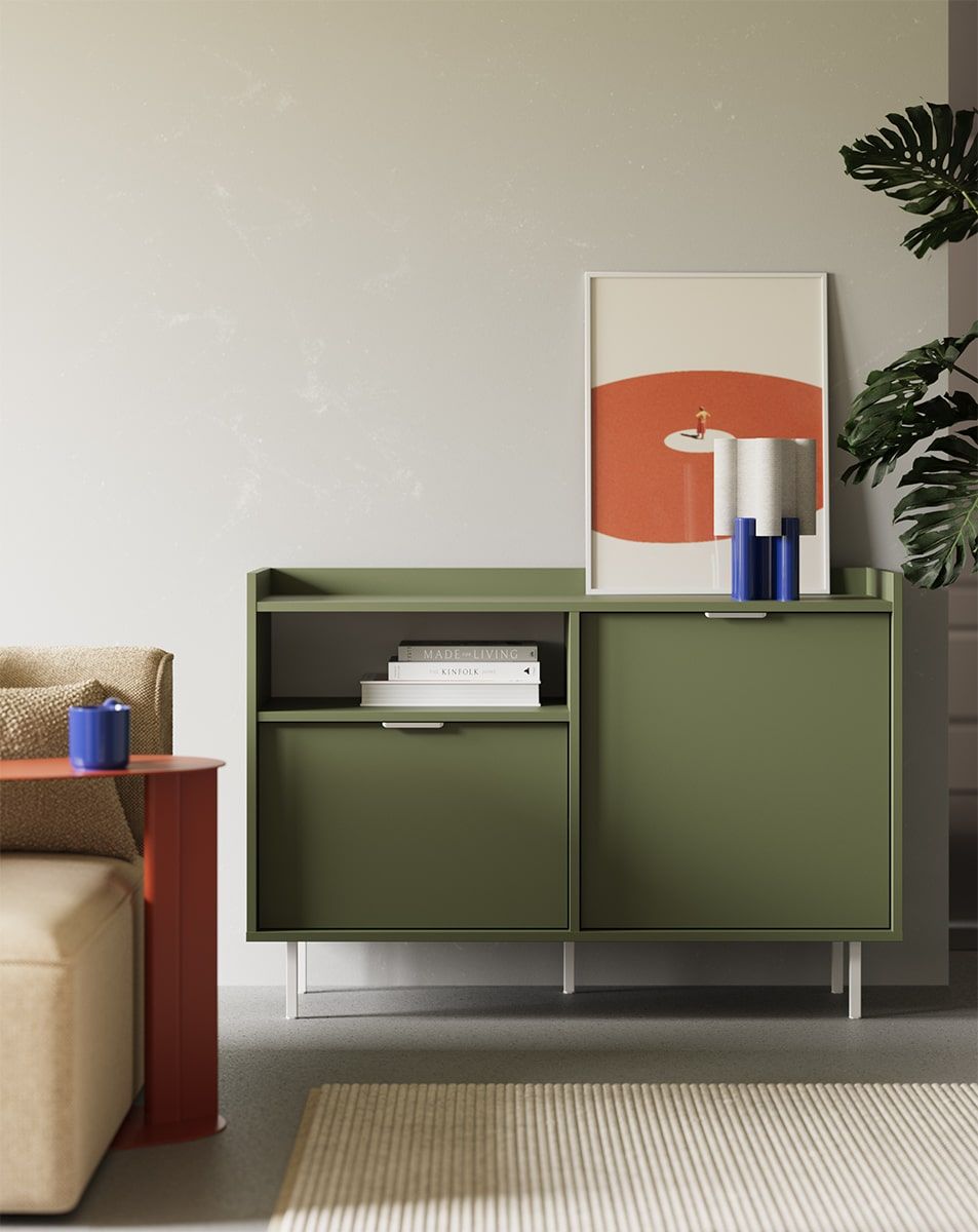Armoire RTV SIGI KS2TV1
Couleur : vert cyprès
Pied : blanc
Poignée : argent LING
