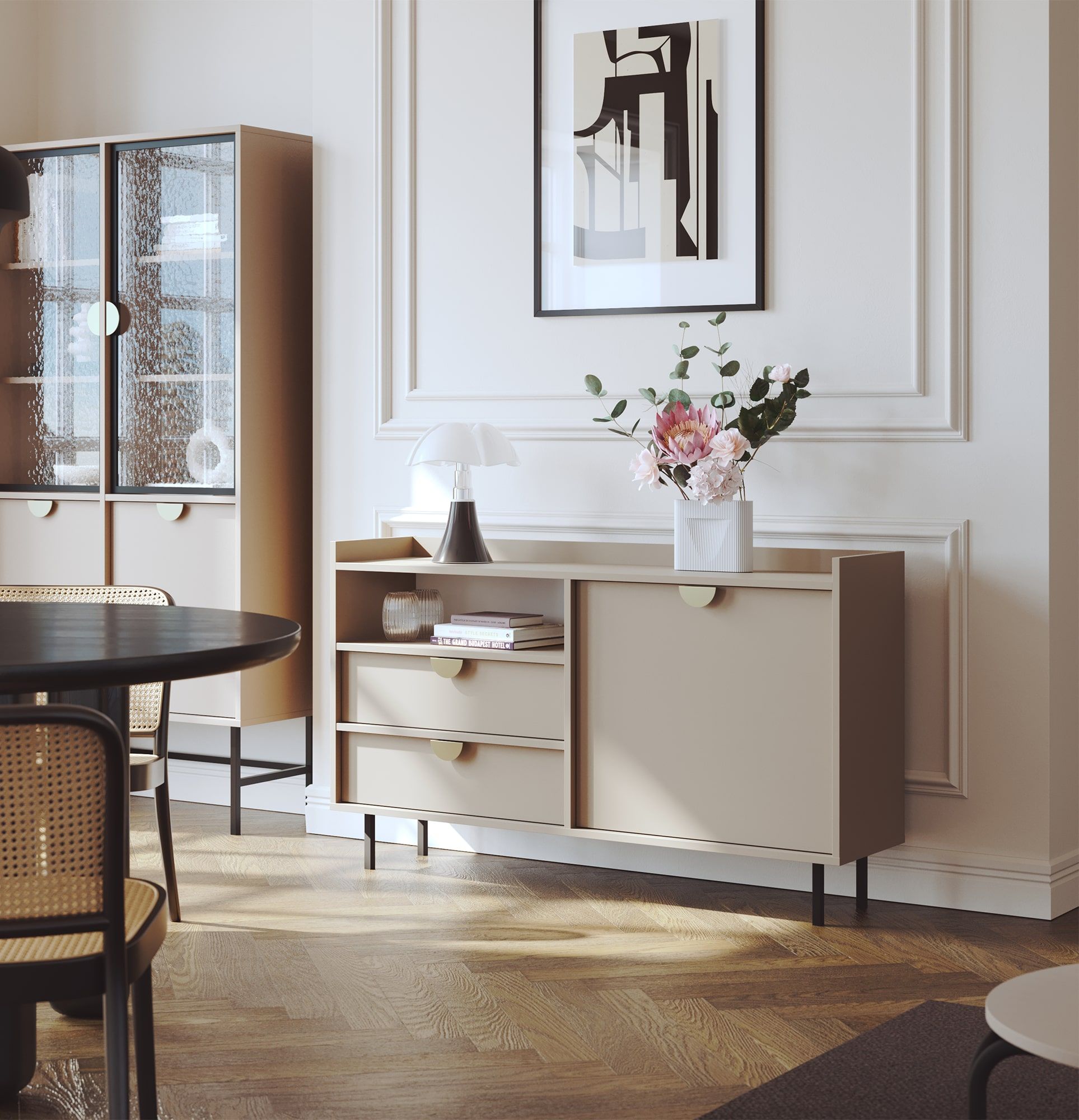 Armoire RTV SIGI KS2TV2S
Couleur : Cappuccino
Pied : Noir
Poignée : Poignée RIND Or