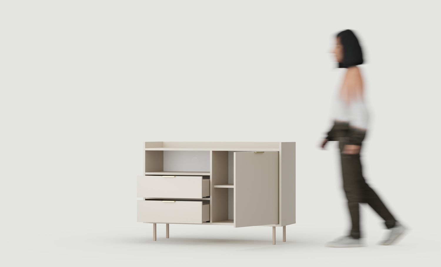 Armoire RTV SIGI KS2TV2S commode
Couleur : Cachemire laineux
Pied : Cappuccino
Poignée : LING Gold
