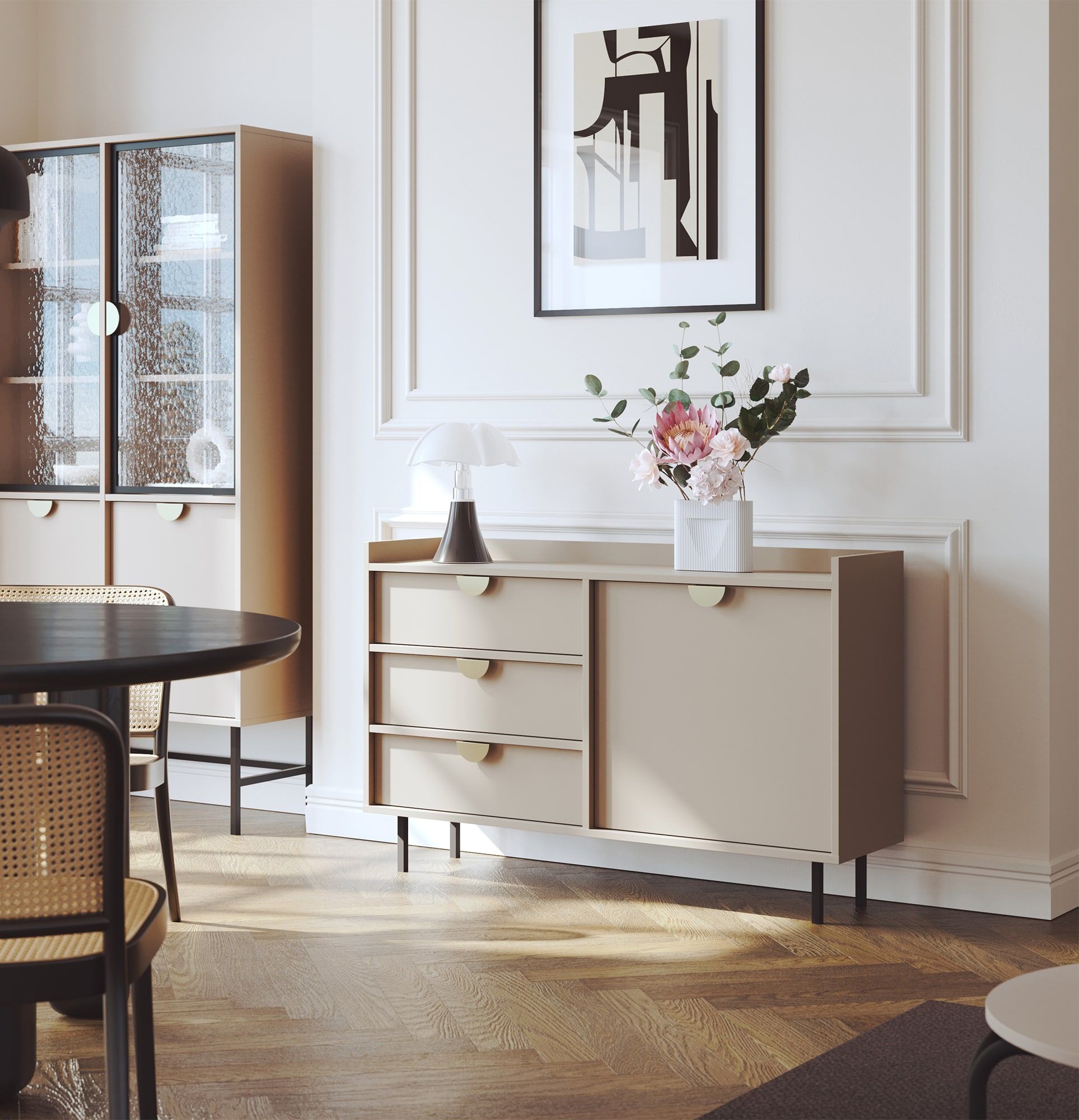 Armoire RTV mobile SIGI KS2TV3S
Couleur : Cappuccino
Pied : noir
Poignée : poignée RIND or