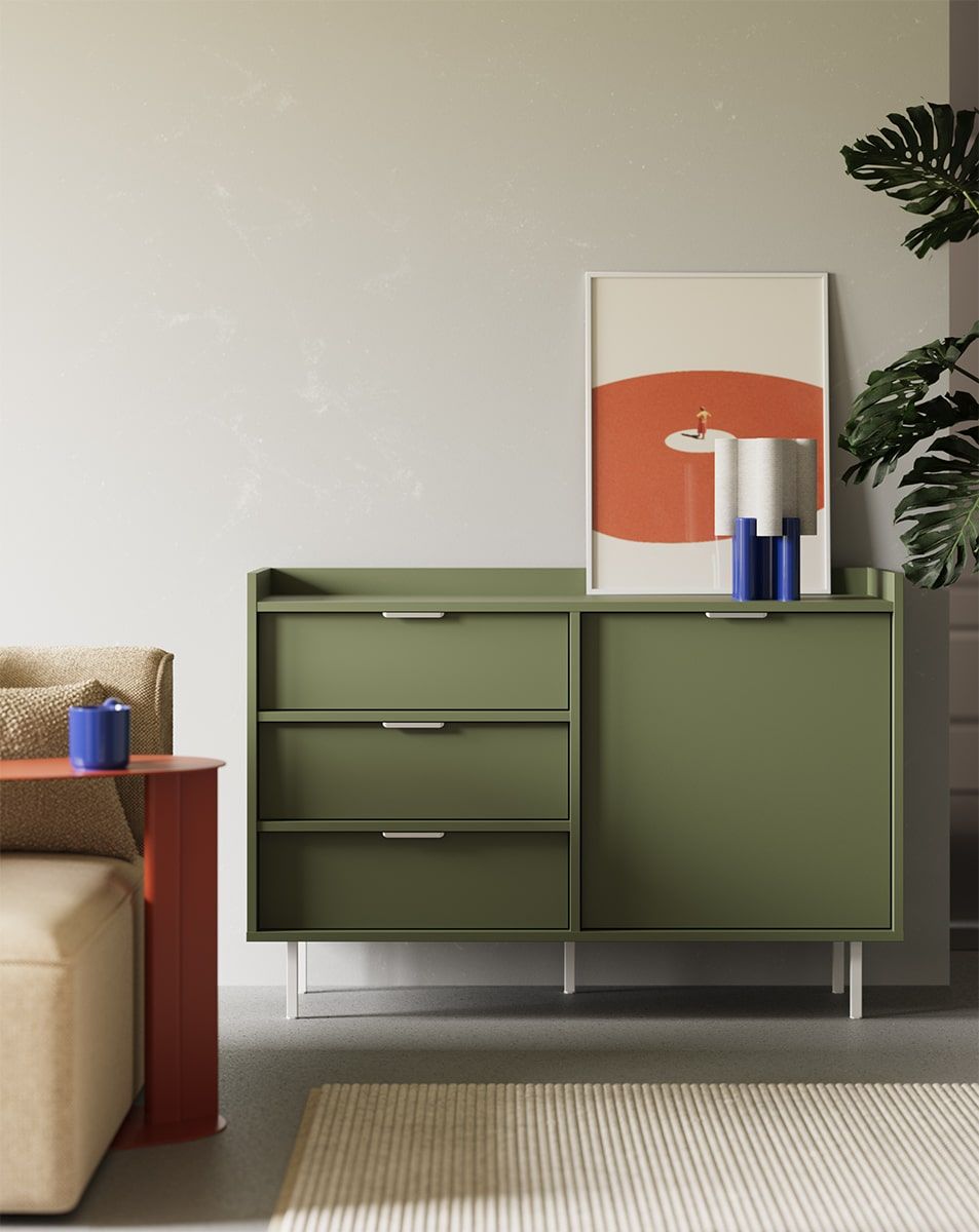 Armoire RTV SIGI KS2TV3S
Couleur : vert cyprès
Pied : blanc
Poignée : argent LING