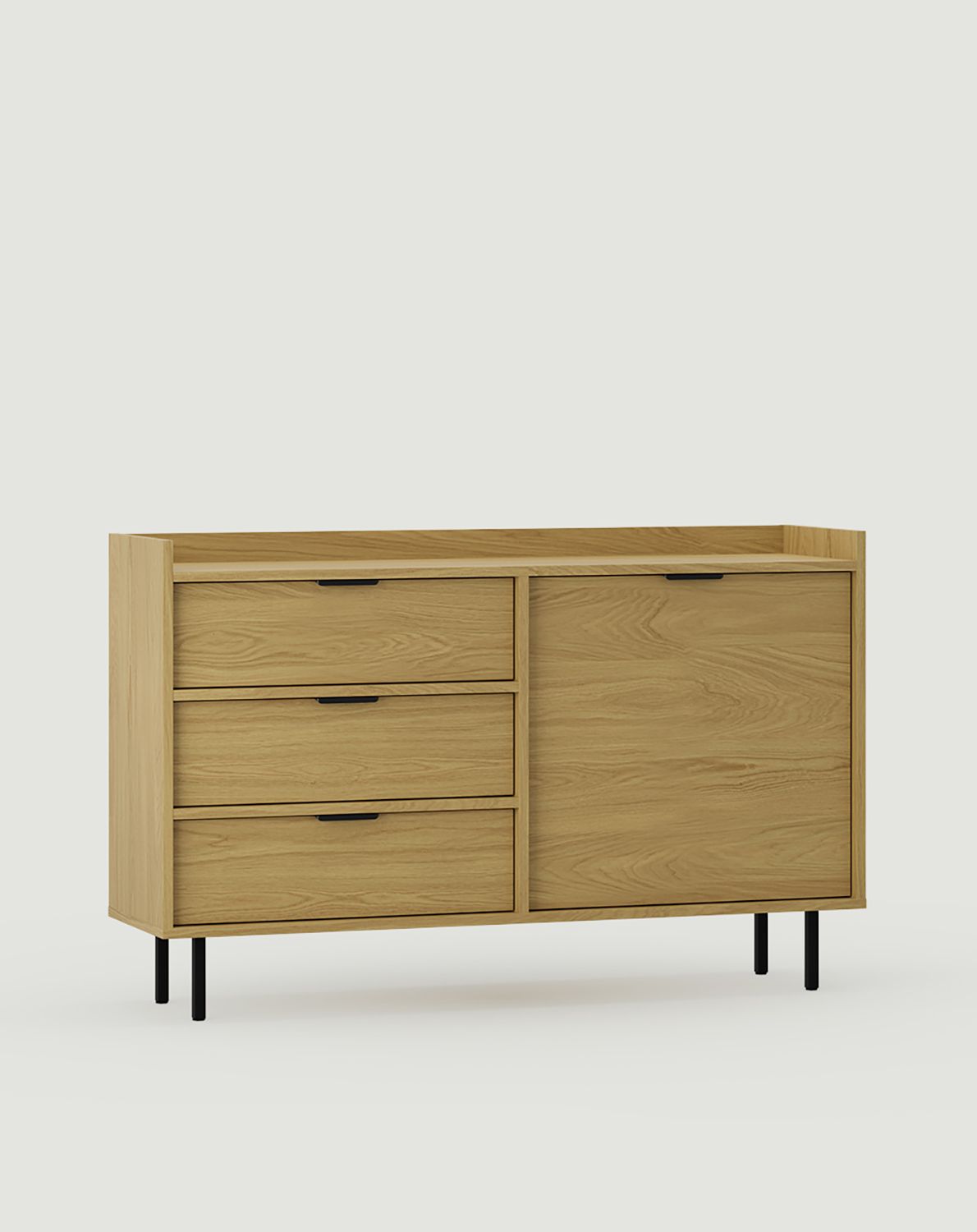 Armoire RTV SIGI KS2TV3S
Couleur : Placage chêne naturel
Pied : noir
Poignée : Poignée LING Noir