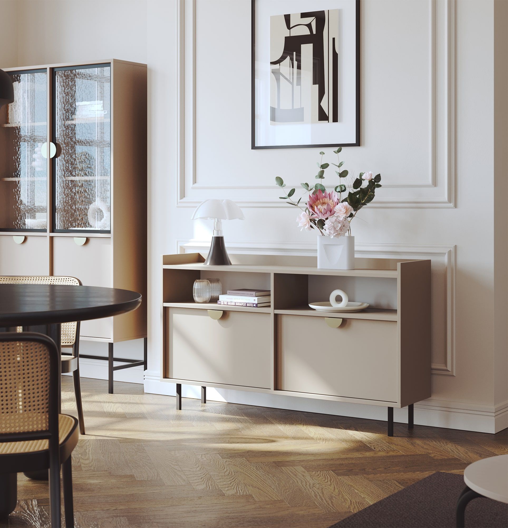 Armoire RTV SIGI KS2TV4
Couleur : Cappuccino
Pied : Noir
Poignée : Poignée RIND Or