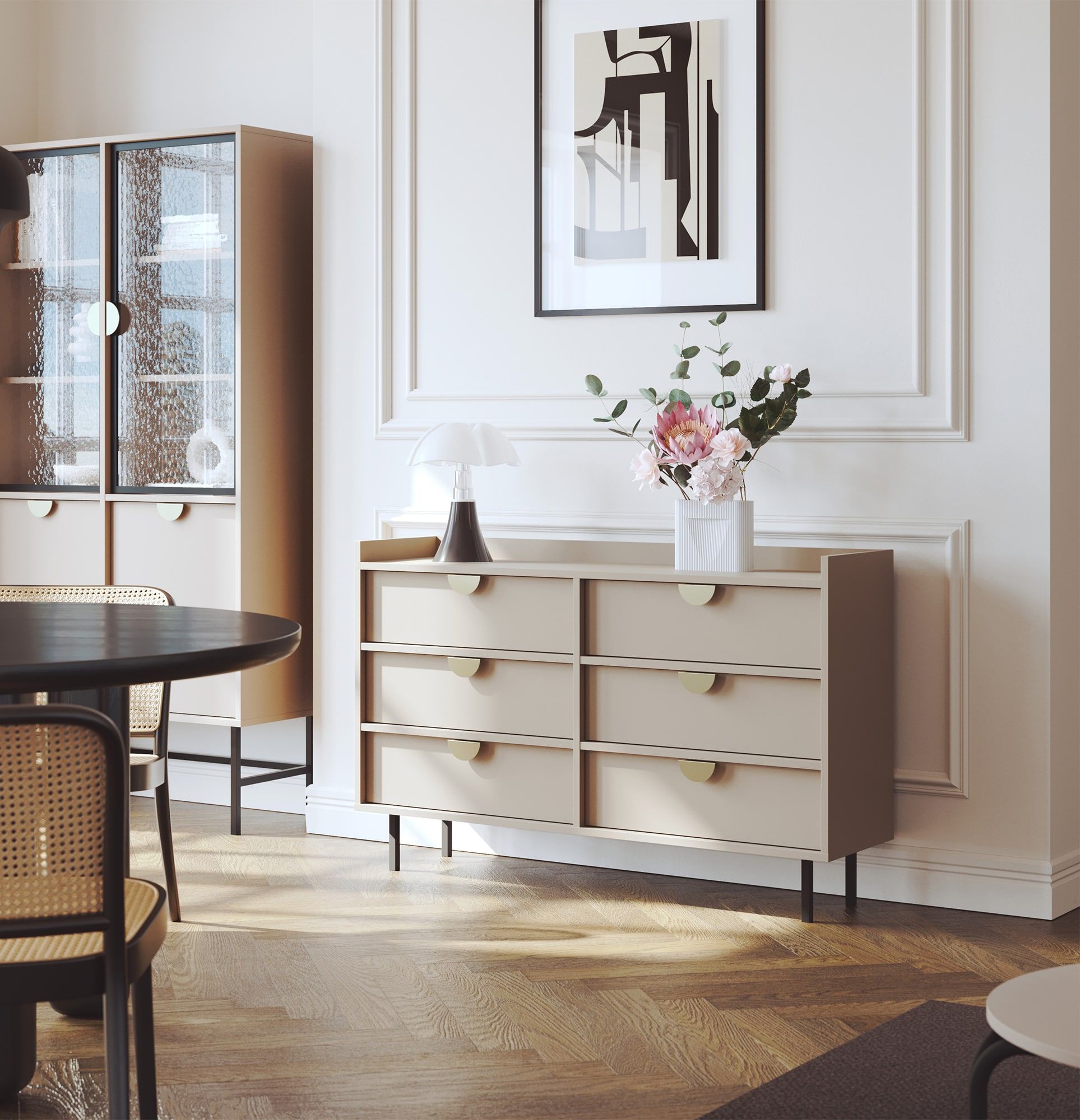 Armoire RTV SIGI KS2TV6S
Couleur : Cappuccino
Pied : Noir
Poignée : Poignée RIND Or