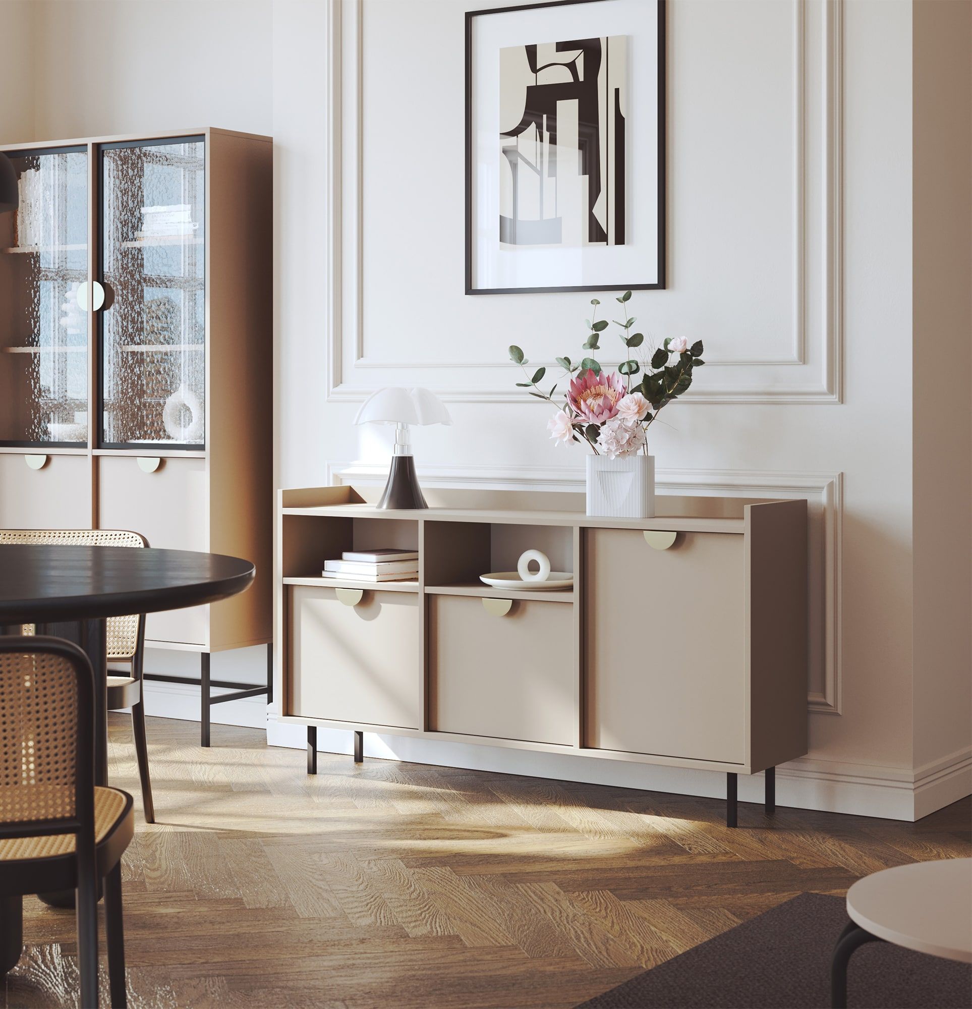 Armoire RTV SIGI KSTV1
Couleur : Cappuccino
Pied : noir
Poignée : Poignée RIND Or