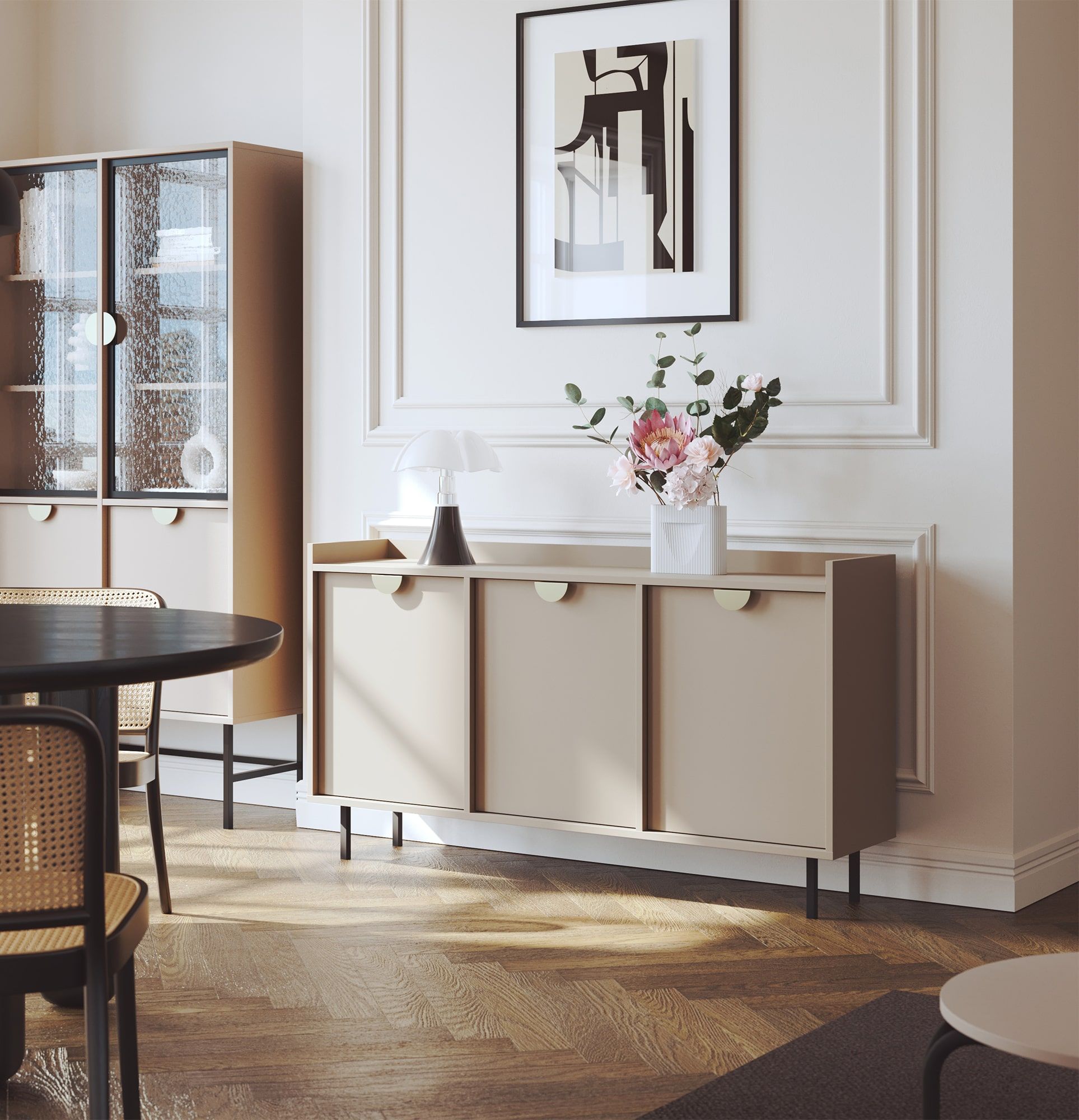 Armoire RTV SIGI KSTV1K
Couleur : Cappuccino
Pied : Noir
Poignée : Poignée RIND Or