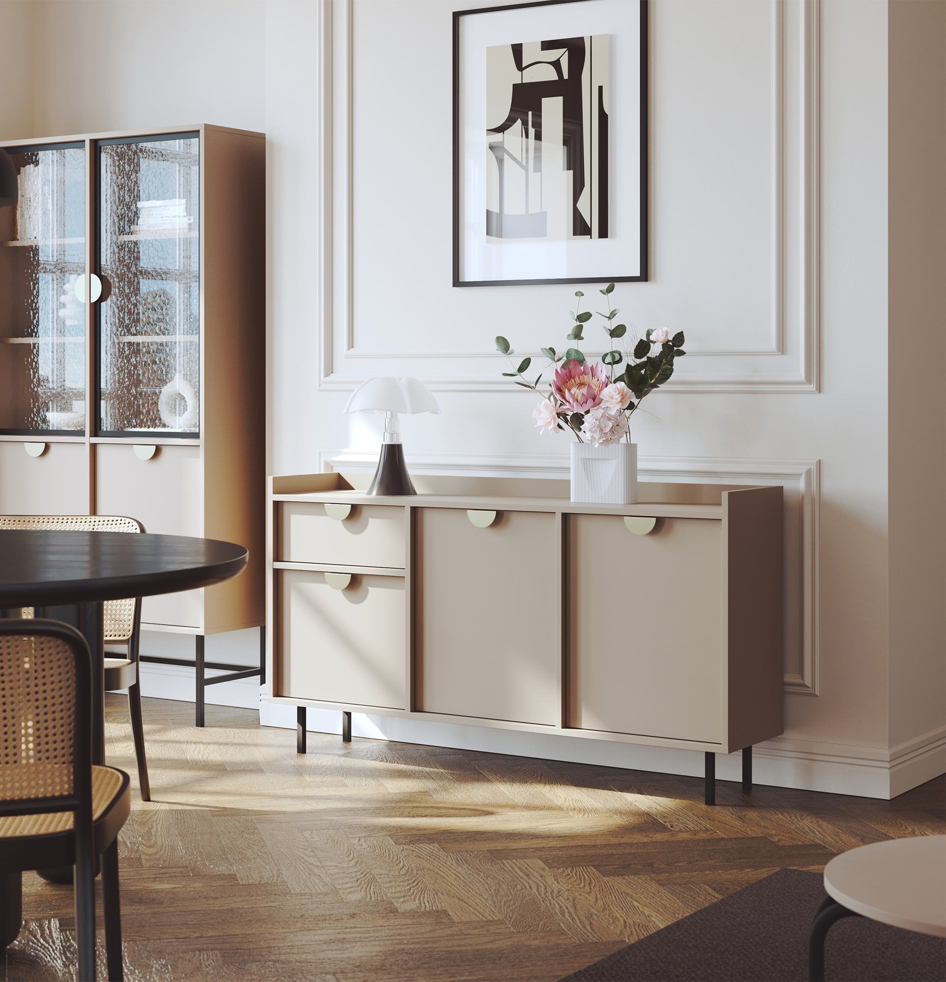 Armoire RTV SIGI KSTV1S
Couleur : Cappuccino
Pied : Noir
Poignée : Poignée RIND Or