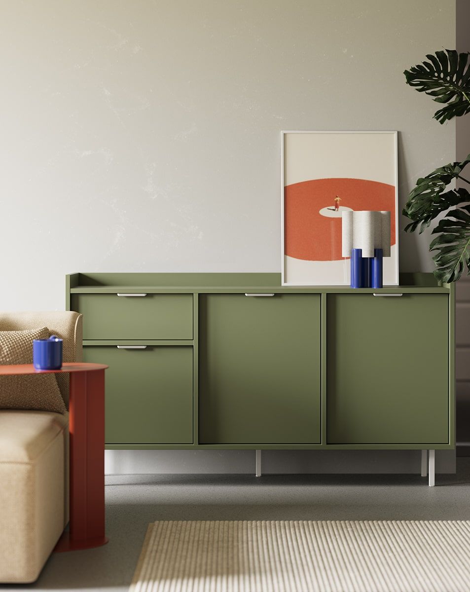 Commode RTV SIGI KSTV1S
Couleur : vert cyprès
Pied : blanc
Poignée : argent LING