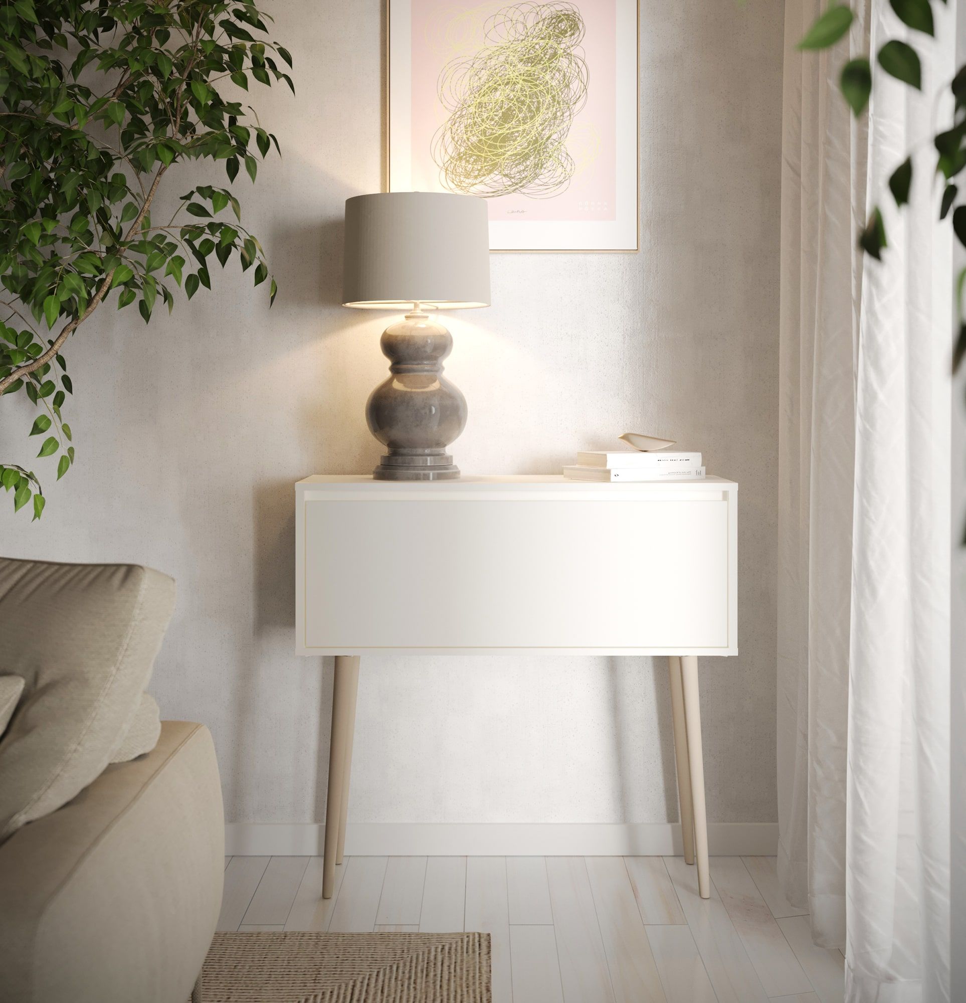 Console FENRIS KF1
Couleur : blanc porcelaine
Pied : Hêtre Beige rouleau