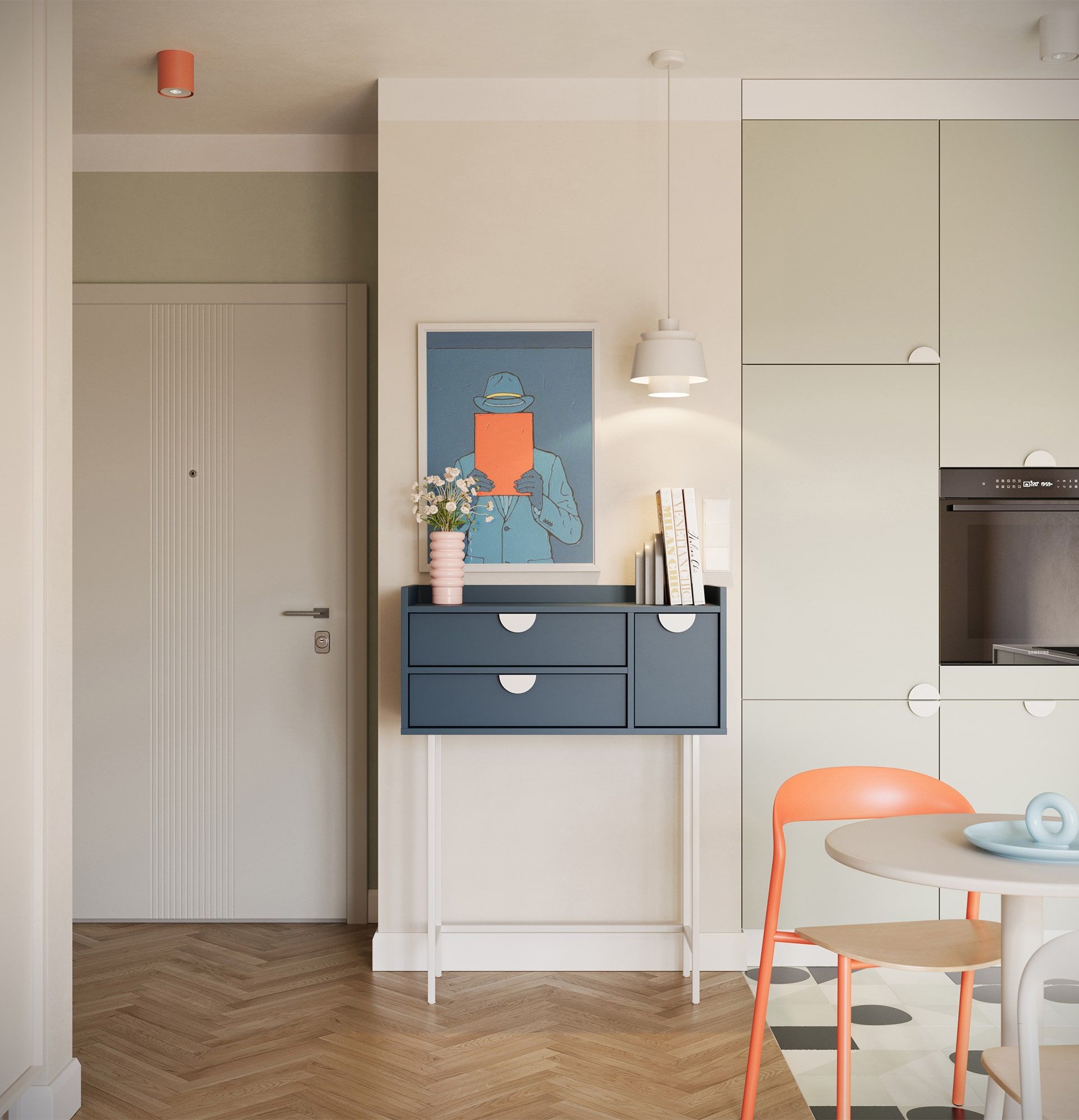 SIGI KSW3 console haute
Couleur : bleu tyrolien
Pied : blanc
Poignée : RIND en bois blanc