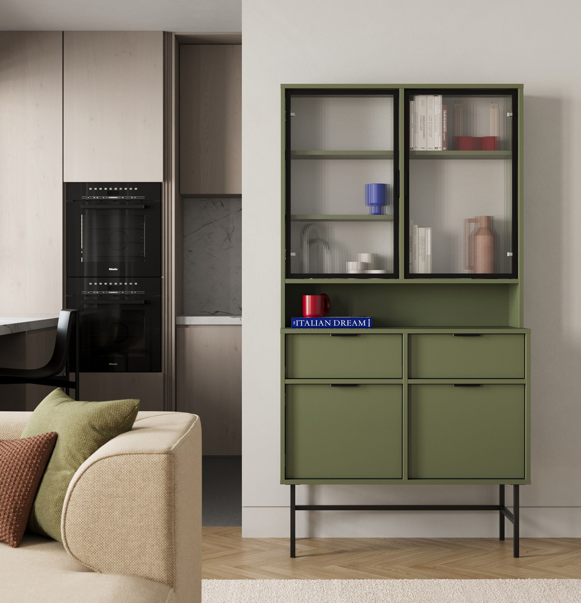 Buffet SIGI KRS02
Couleur : vert cyprès
Verre : cannelé ornemental
Pied : noir
Poignée : Ling noir