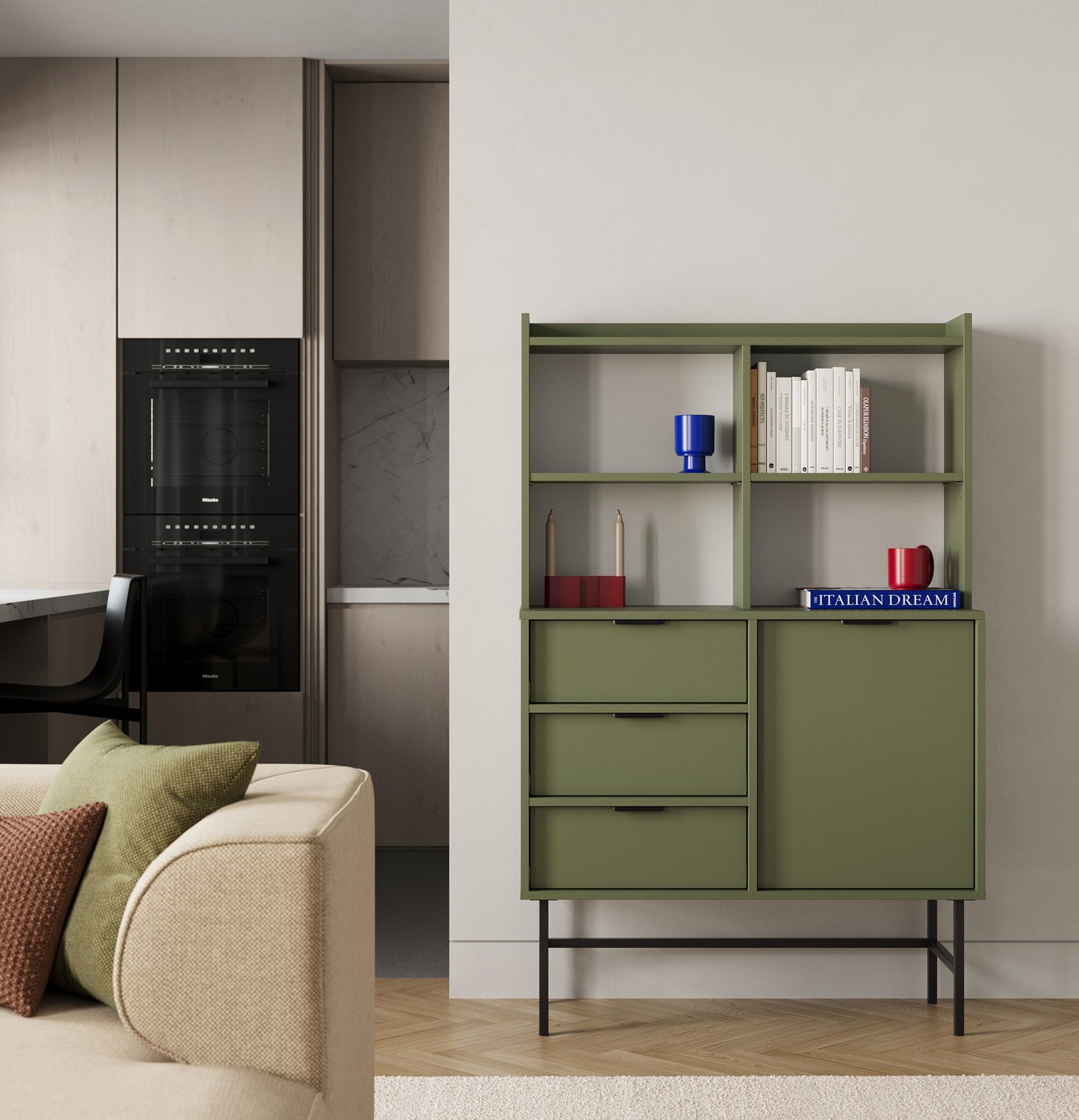 Buffet SIGI KRSN02
Couleur : vert cyprès
Pied : noir
Poignée : Ling noir