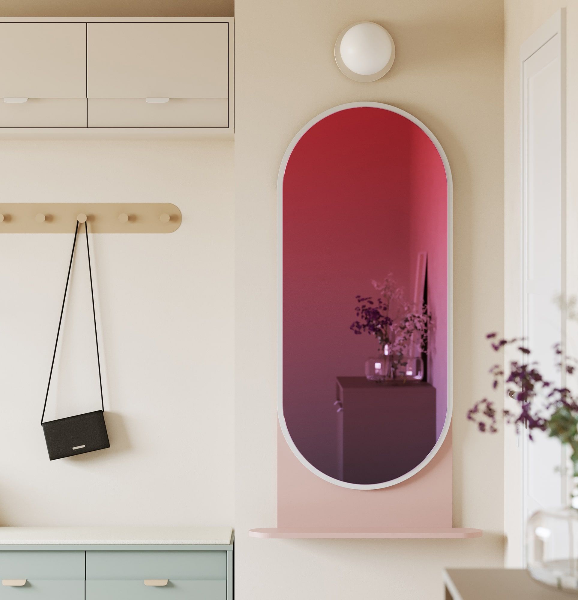 Miroir suspendu avec étagère LAYERS LAY53
Couleur : Rose antique
Couleur du cadre du miroir : Blanc porcelaine
Type de surface du miroir : Prisme décoratif