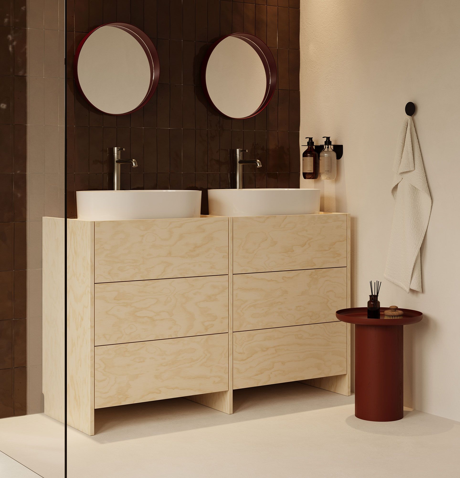 Armoire avec deux lavabos OMNIRES ASKA ASK29
Couleur : Contreplaqué de bouleau
Placage : Contreplaqué de bouleau