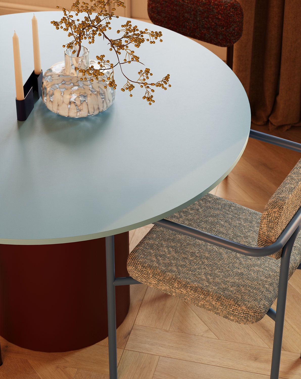Table de salle à manger LOOP LP1
Couleur du plateau : Bleu colombe
Pied : Rouge martien
                            