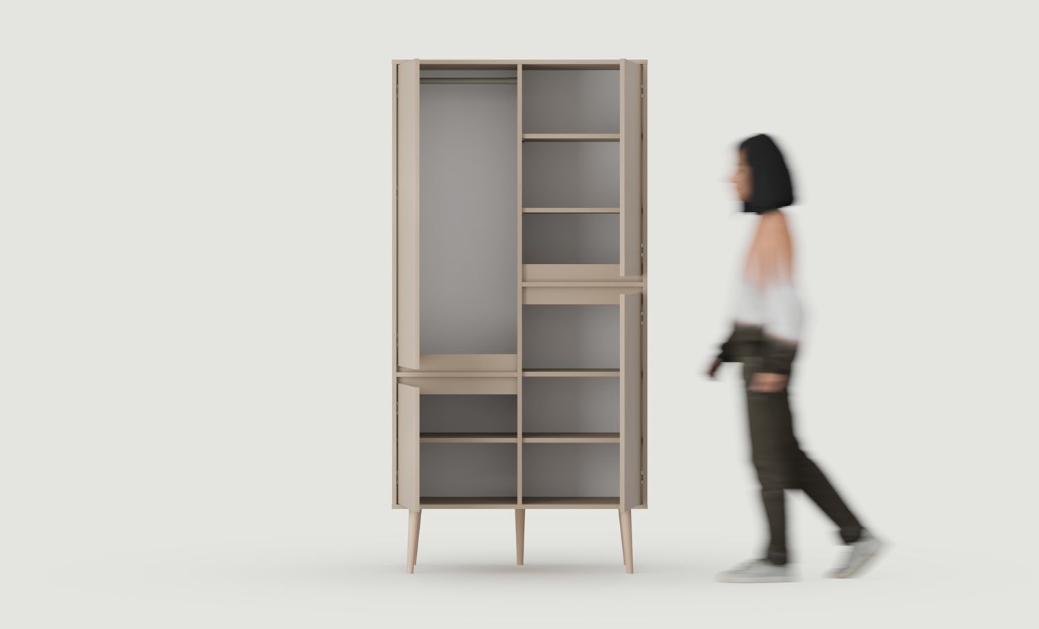 FENRIS armoire profonde avec barre SZF5
Couleur : Argile cendrée
Pieds : Noyer Hêtre teinté