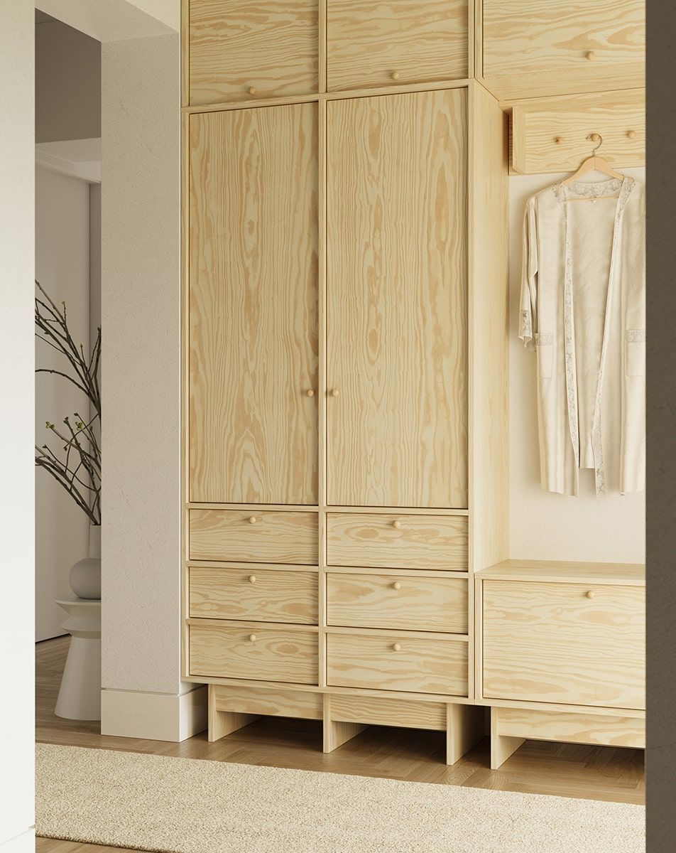 KABE SZK10 armoire profonde à deux tringles en style JAPANDI
Couleur : Pin flamboyant
Poignée : Poignée boule en bois KD