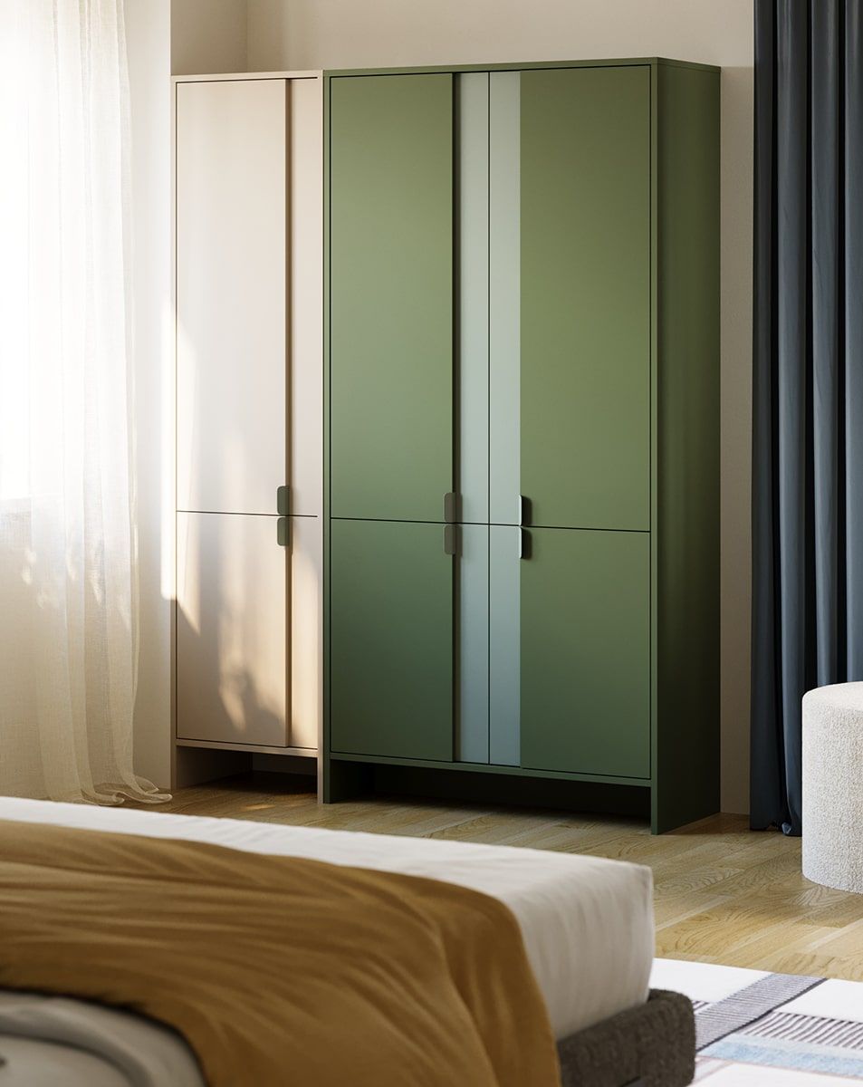 LAYERS armoire profonde deux tringles LAY71
Couleur : Cypress Green
Couleur de la façade : bleu crépuscule
Poignée : poignée LAYERS 110 vert cyprès