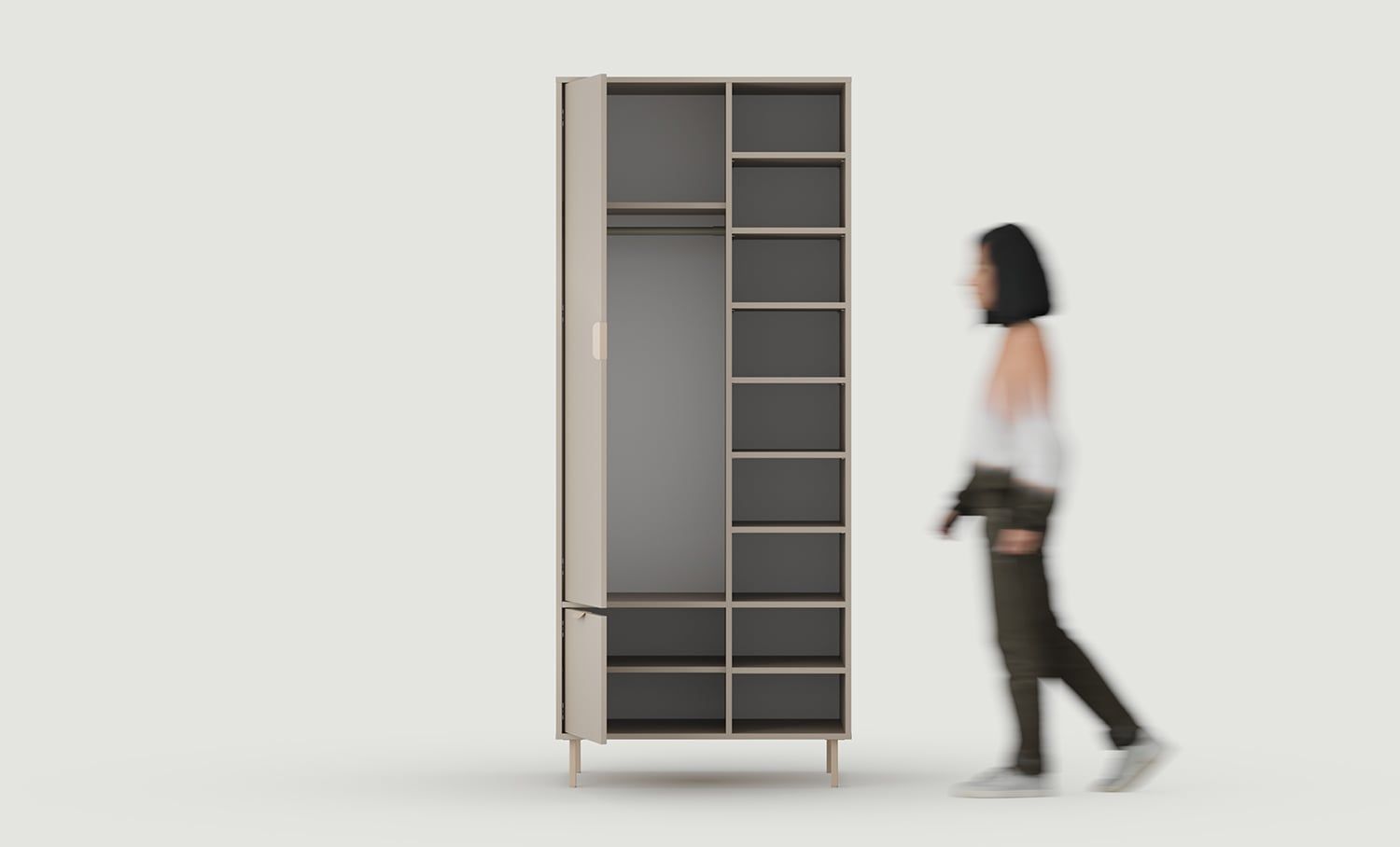 SIGI armoire profonde asymétrique avec barre SZSA5
Couleur : Blanc cendré
Pied : Cappuccino
Poignée : LAYERS 110 Cappuccino