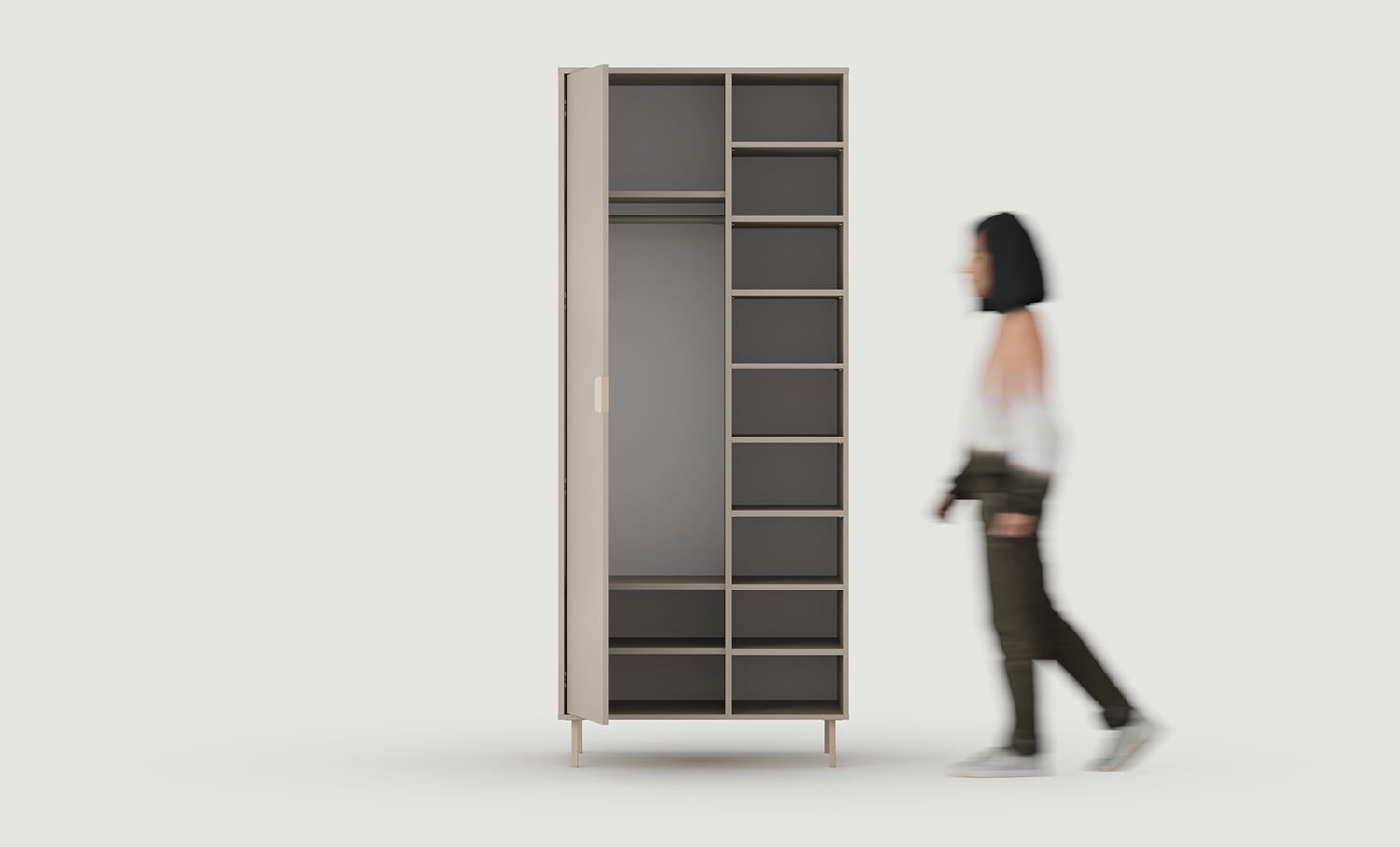 SIGI armoire profonde asymétrique avec barre SZSA6
Couleur : Argile cendrée
Pied : Cappuccino
Poignée : LAYERS 110 Cappuccino