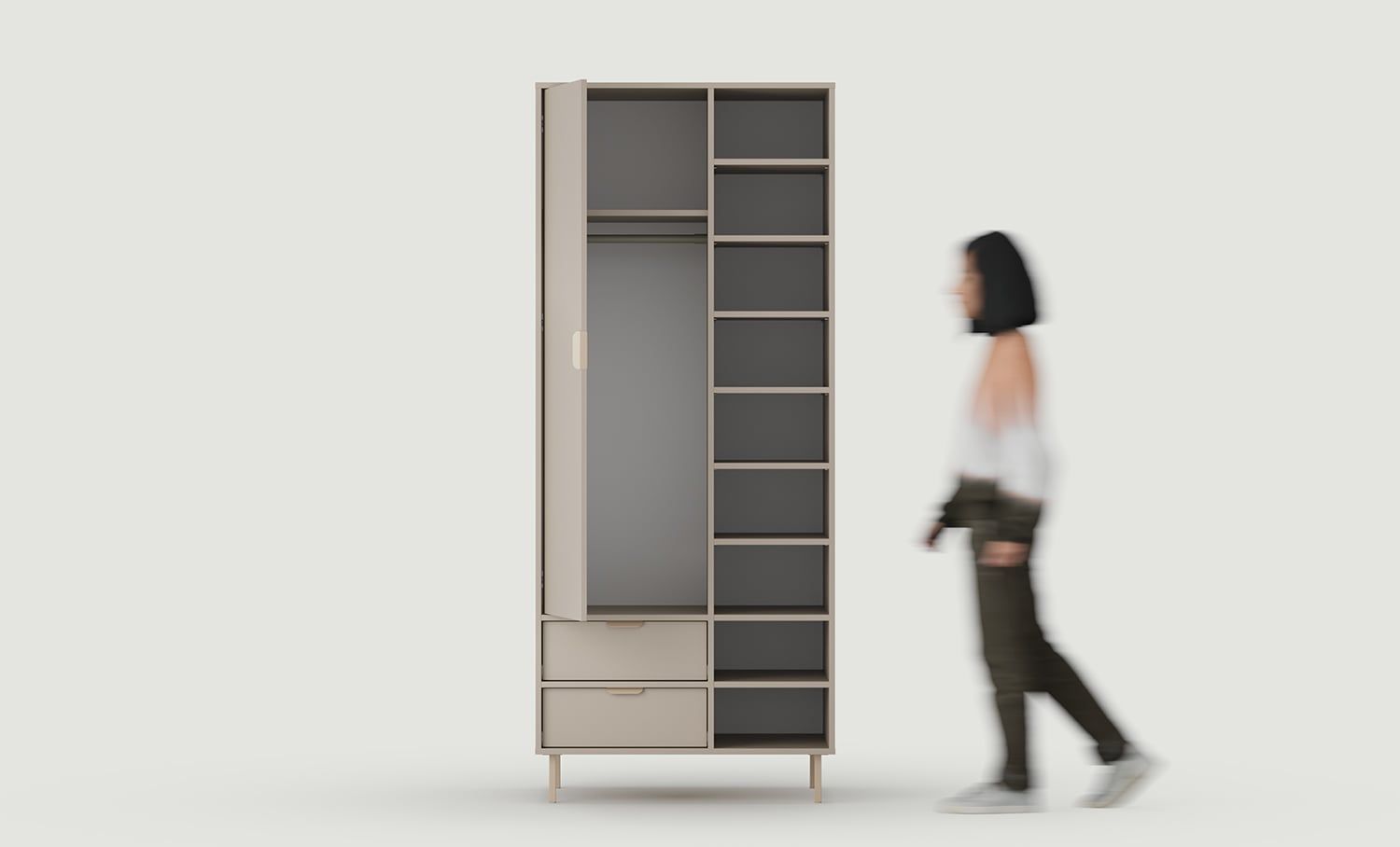 SIGI armoire profonde asymétrique avec barre SZSA7
Couleur : Blanc cendré
Pied : Cappuccino
Poignée : LAYERS 110 Cappuccino