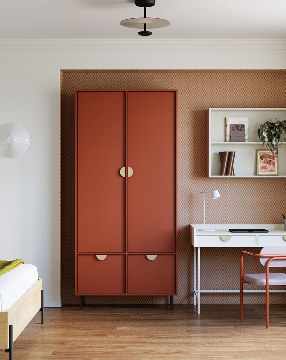 SIGI armoire profonde avec barre SZS7
Couleur : Terracotta ardent
Pied : Noir
Poignée : poignée en chêne RIND