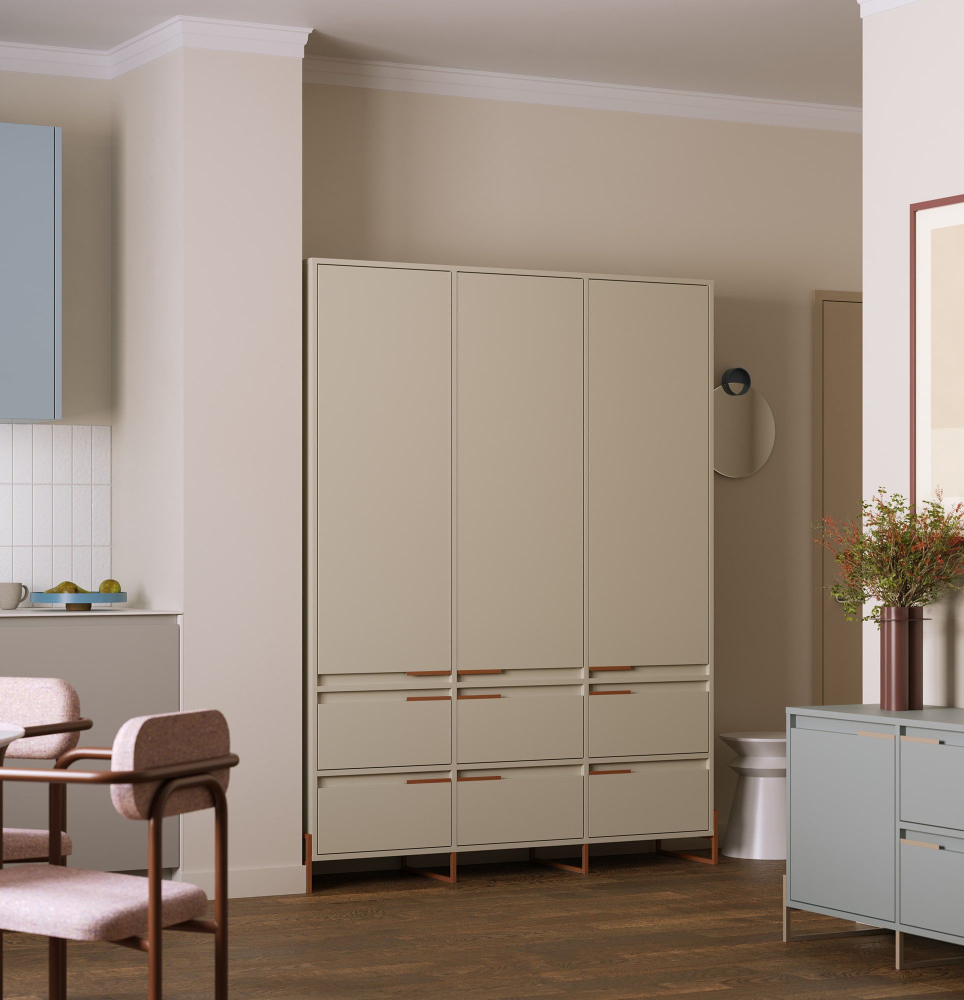 INEA ISZD3 armoire
Couleur : Voie lactée
Couleur des pieds et des poignées : Acier Inea Fiery Terracotta