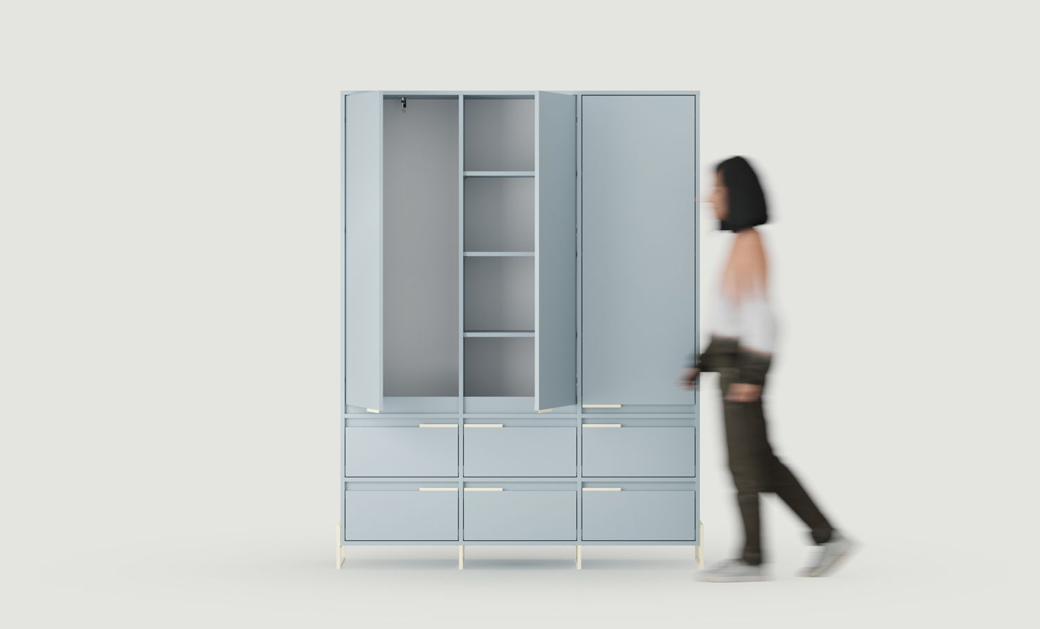 INEA ISZD3 armoire
Couleur : Bleu colombe
Couleur des pieds et des poignées : Acier Inea Milky Way