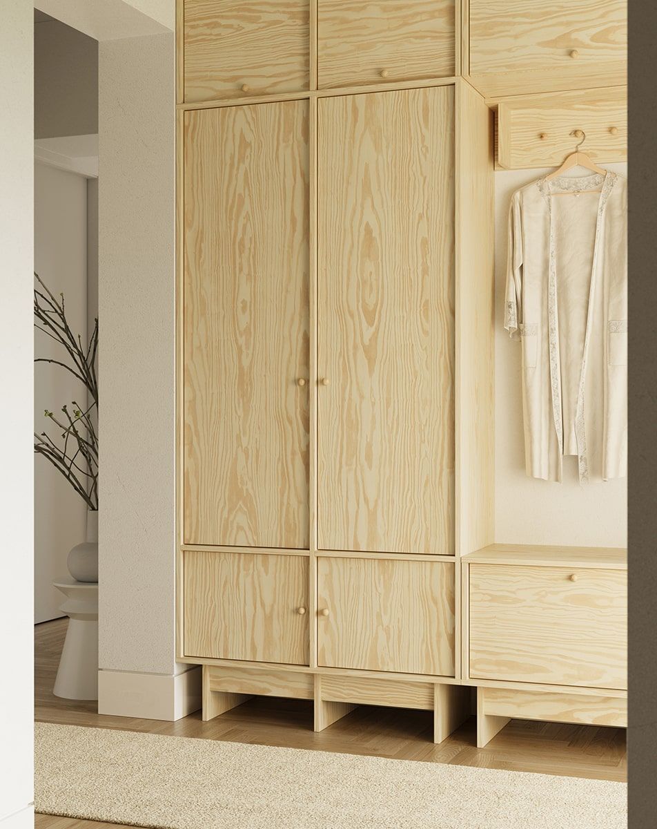 Armoire KABE SZK02 en style JAPANDI
Couleur : Pin flamboyant
Poignée : Poignée boule en bois KD