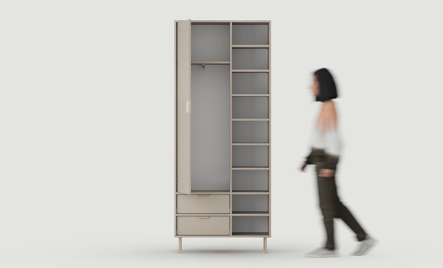Armoire asymétrique SIGI SZSA2
Couleur : Argile cendrée
Pied : Cappuccino
Poignée : LAYERS 110 Cappuccino