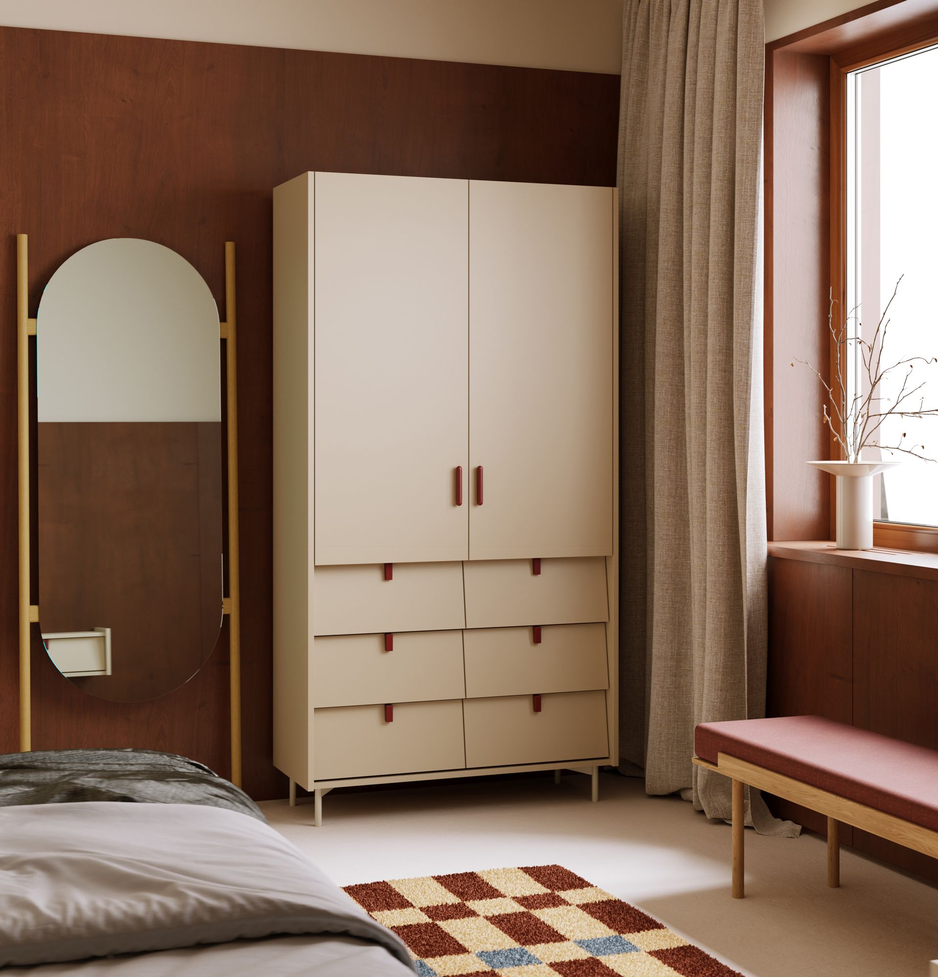 Armoire SKRA SKR49
Couleur : Cappuccino
Poignée supérieure : Cigar Burgundy
Poignée inférieure : Burgundy Wedge
Jambe : Milky Way
