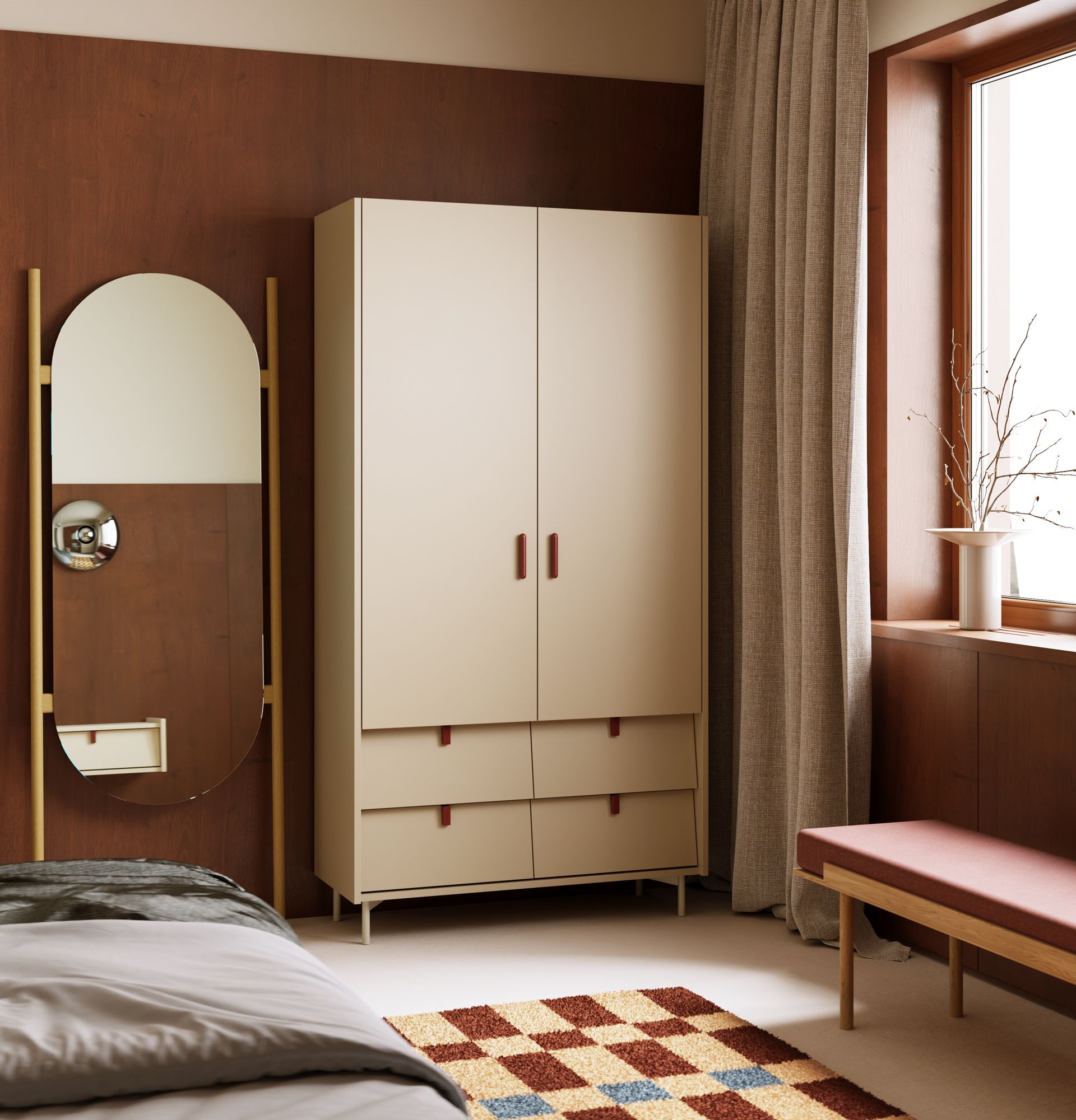 Armoire SKRA SKR48
Couleur : Beige Champagne
Poignée supérieure : Bourgogne Cigare
Poignée inférieure : Burgundy Wedge
Jambe : Milky Way
