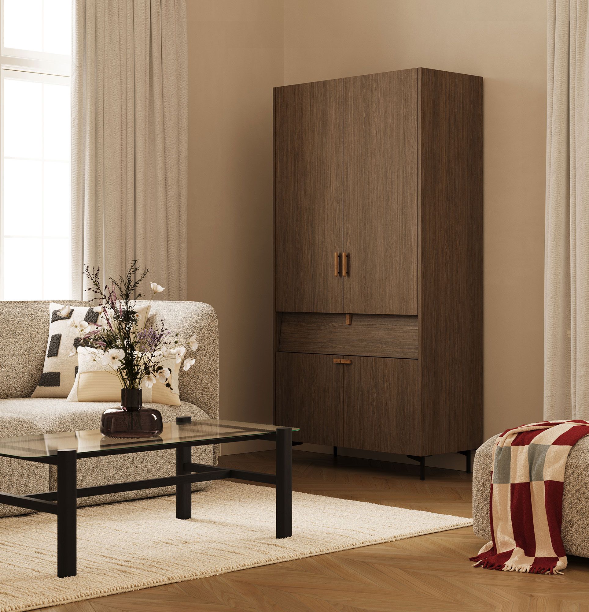 Armoire SKRA SKR52
Couleur : Chêne chocolaté
Pied : noir
Poignée : Cigare et coin en chêne
                            
                                                        