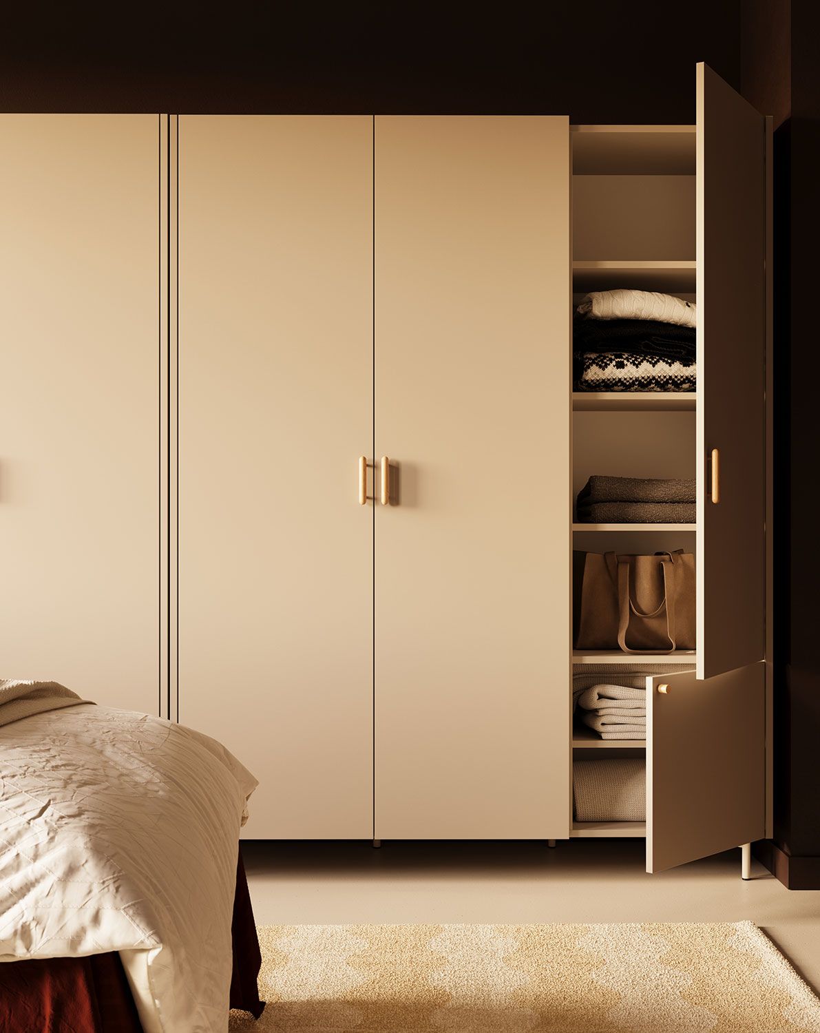 Armoire SKRA SKR54
Couleur : Beige Champagne
Pied : Milky Way
Poignée : Cigare et bouton en chêne