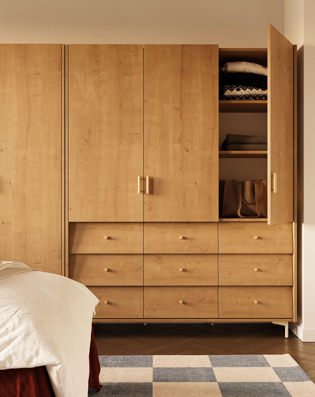 Armoire SKRA SKR59
Couleur : Hamilton oak
Pied : Milky Way
Poignée : Cigare et bouton en chêne
                            