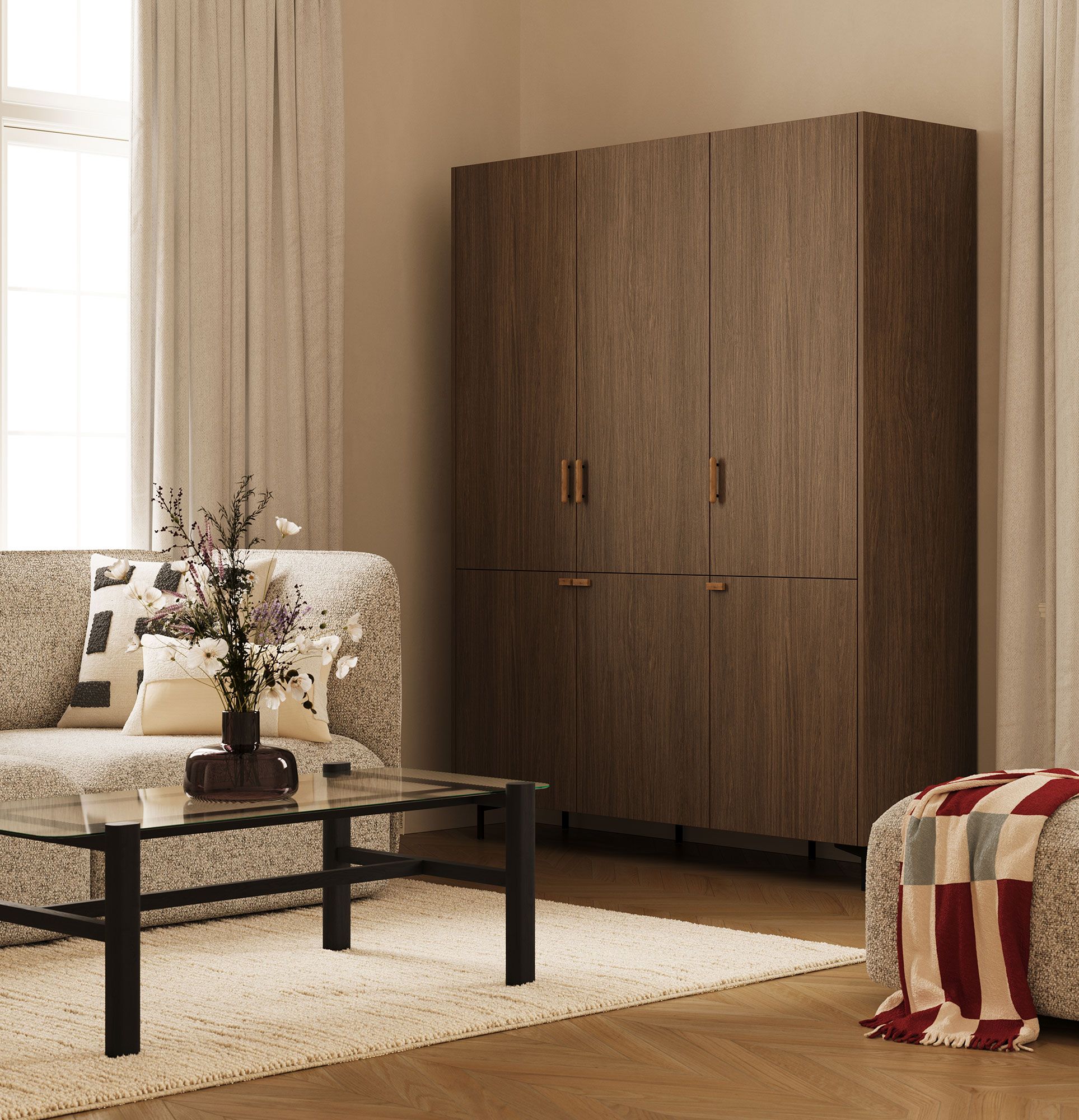 Armoire SKRA SKR61
Couleur : Chêne chocolaté
Pied : noir
Poignée : Cigare et coin en chêne
                            