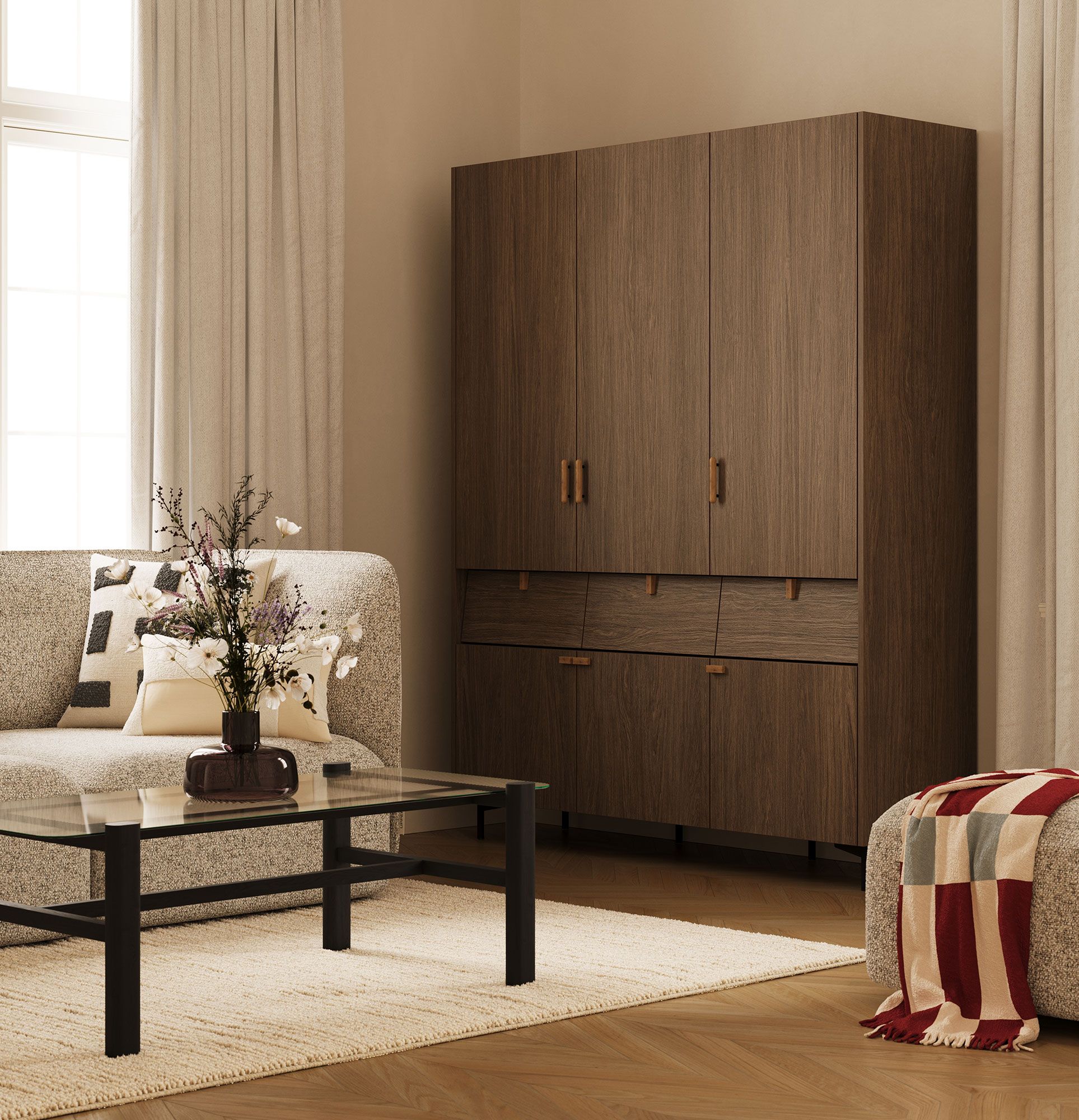Armoire SKRA SKR62
Couleur : Chêne chocolaté
Pied : noir
Poignée : Cigare et coin en chêne
                            