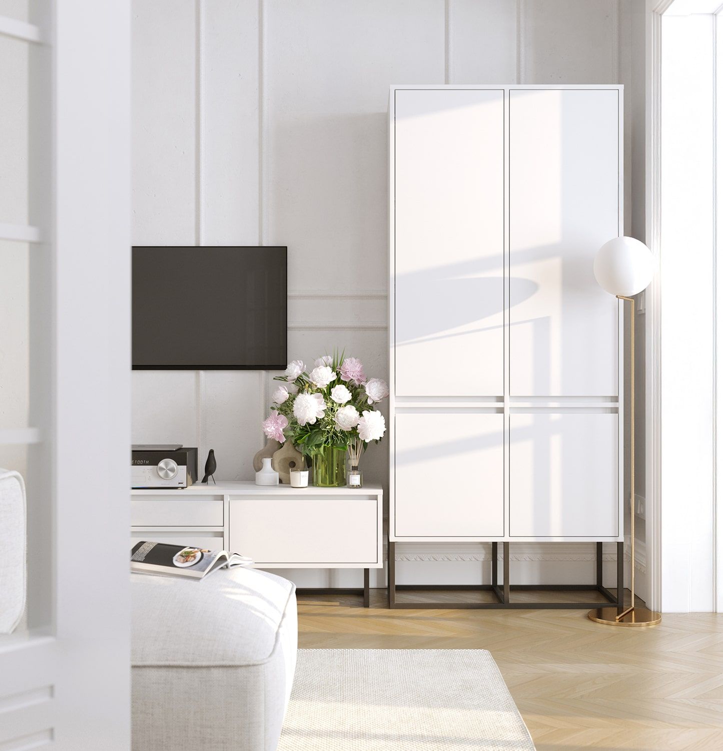 Armoire avec étagères ODIS SZO5
Couleur : Blanc Porcelaine
Couleur du pied : Acier ODIS Noir