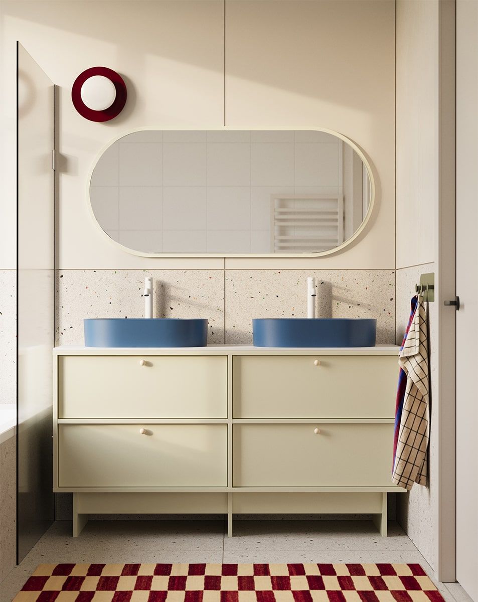 Meuble KABE avec deux lavabos OMNIRES K2U03 en style JAPANDI
Couleur : Voie lactée
Poignée : KD Poignée sphérique en bois
Vasque : Shell M+ Midnight Blue OMNIRES
Robinet : Tall Y Blanc OMNIRES