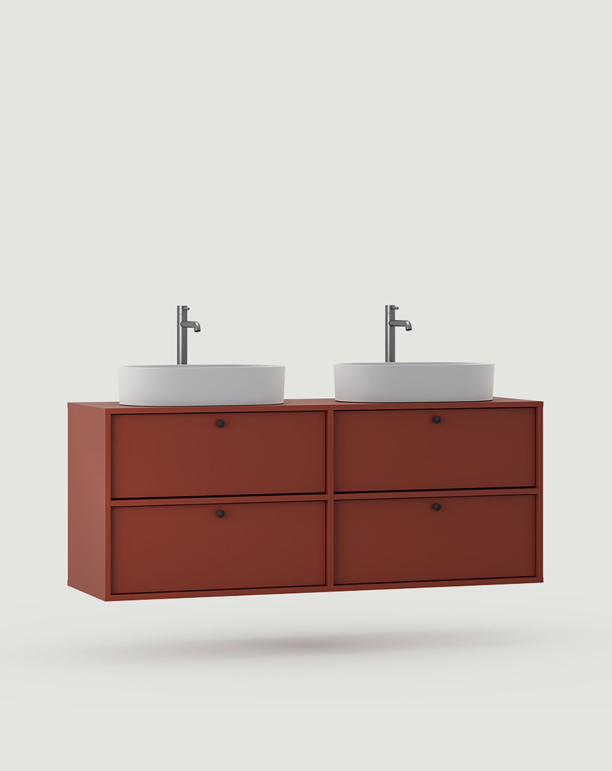 Meuble KABE avec deux lavabos muraux OMNIRES WK2U03 en style JAPANDI
Couleur : Terracotta ardent
Poignée : Poignée boule Noir KD
Vasque : OVO M+ Blanc brillant OMNIRES
Robinet : Tall Y Nickel OMNIRES
                            